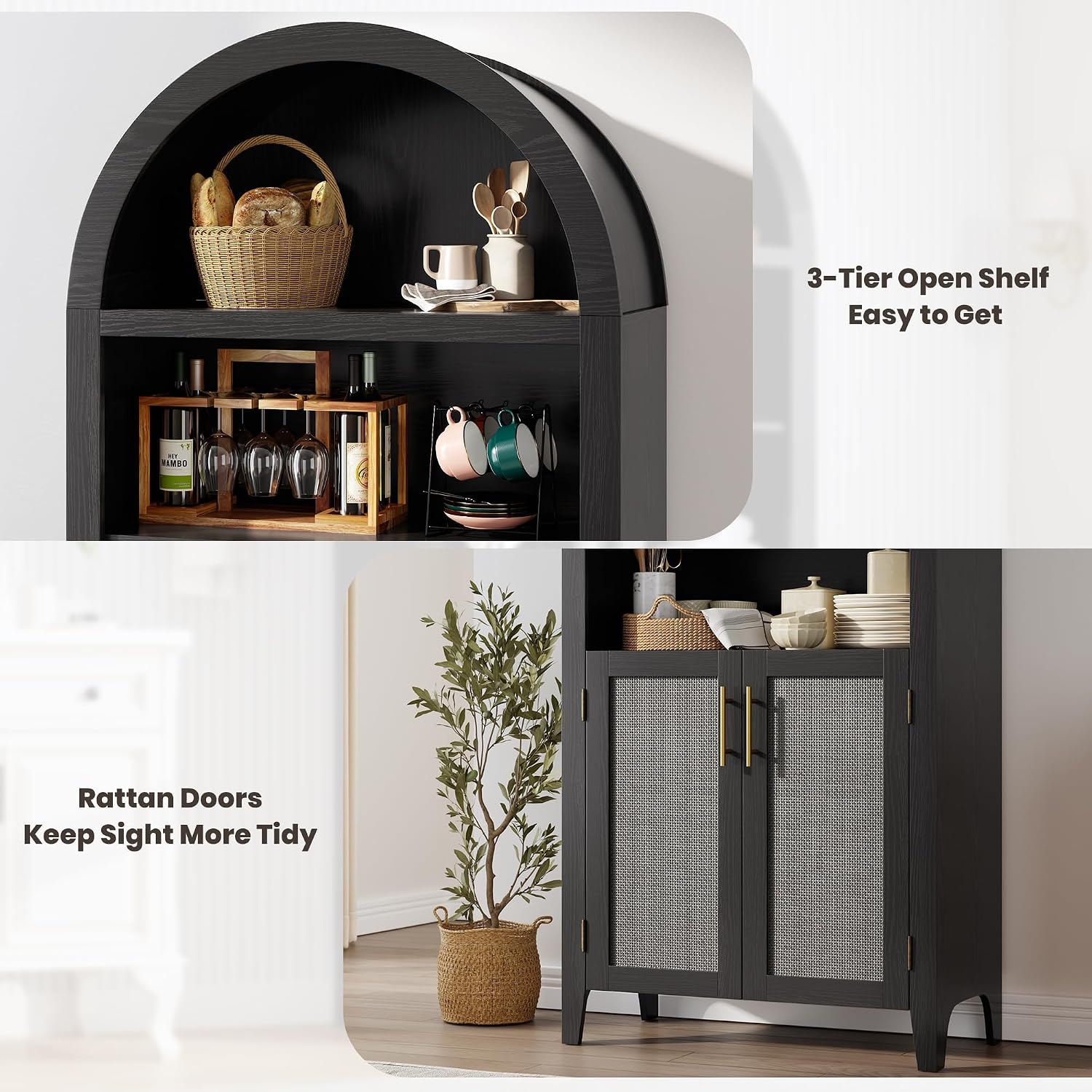 IDEALHOUSE Arched Kitchen Pantry Cabinet with Doors - 5-Tier Open Display Shelf with Rattan Decor, Farmhouse Storage Cabinet for Kitchen, Dining Room, Living Room, Black