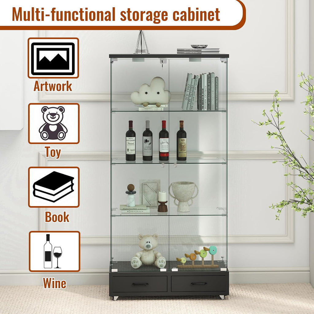 Modern Glass Display Cabinet with LED Light 4-Shelf Curio Cabinets with Storage Drawer and Wheels,Tempered Glass Display Shelf Bookcase for Living Room Home Office