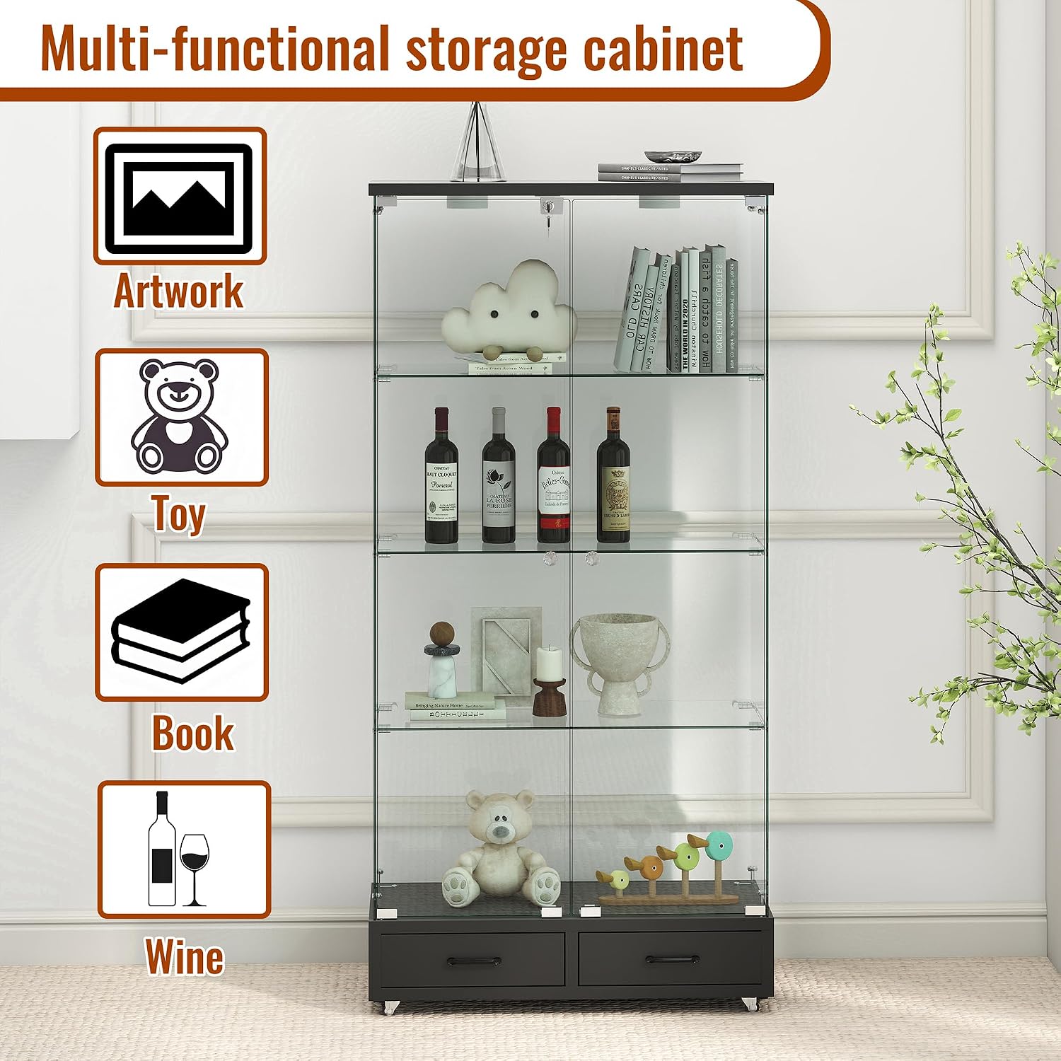 Modern Glass Display Cabinet with LED Light 4-Shelf Curio Cabinets with Storage Drawer and Wheels,Tempered Glass Display Shelf Bookcase for Living Room Home Office