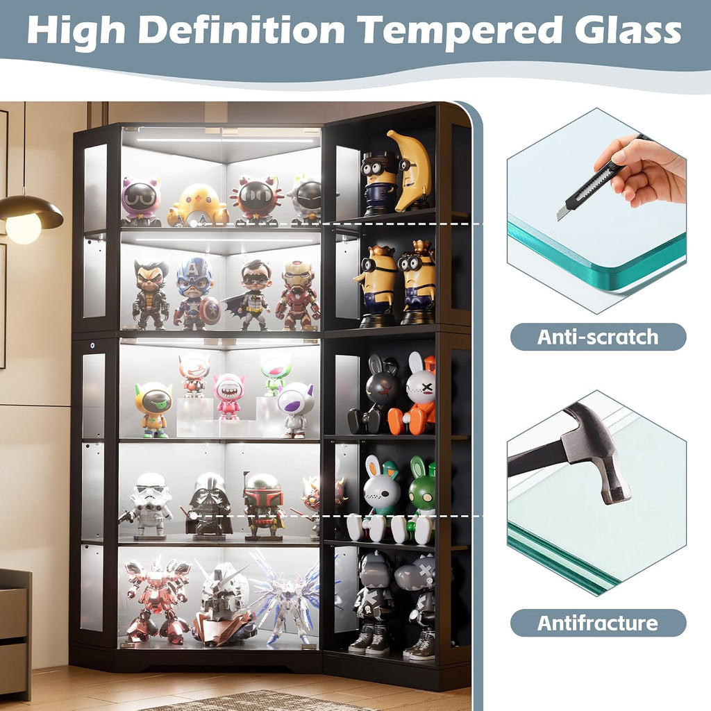Corner Display Cabinet with Glass Doors,5-Tier Curio Cabinet with 3 Color Lights for Collectibles,71' Glass Display Case for Toys, Books, Extra Bookcase with 10 Dust-Proof Rack for Living Room, Black