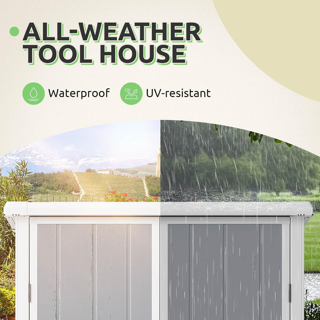GOOBED Outdoor Storage Shed with 2 Adjustable Shelves, 49 Cu Ft Waterproof Vertical Garden Tool Shed with Lockable Door, Plastic Tall Tool Cabinet for Backyard Garden Patio Lawn, Gray