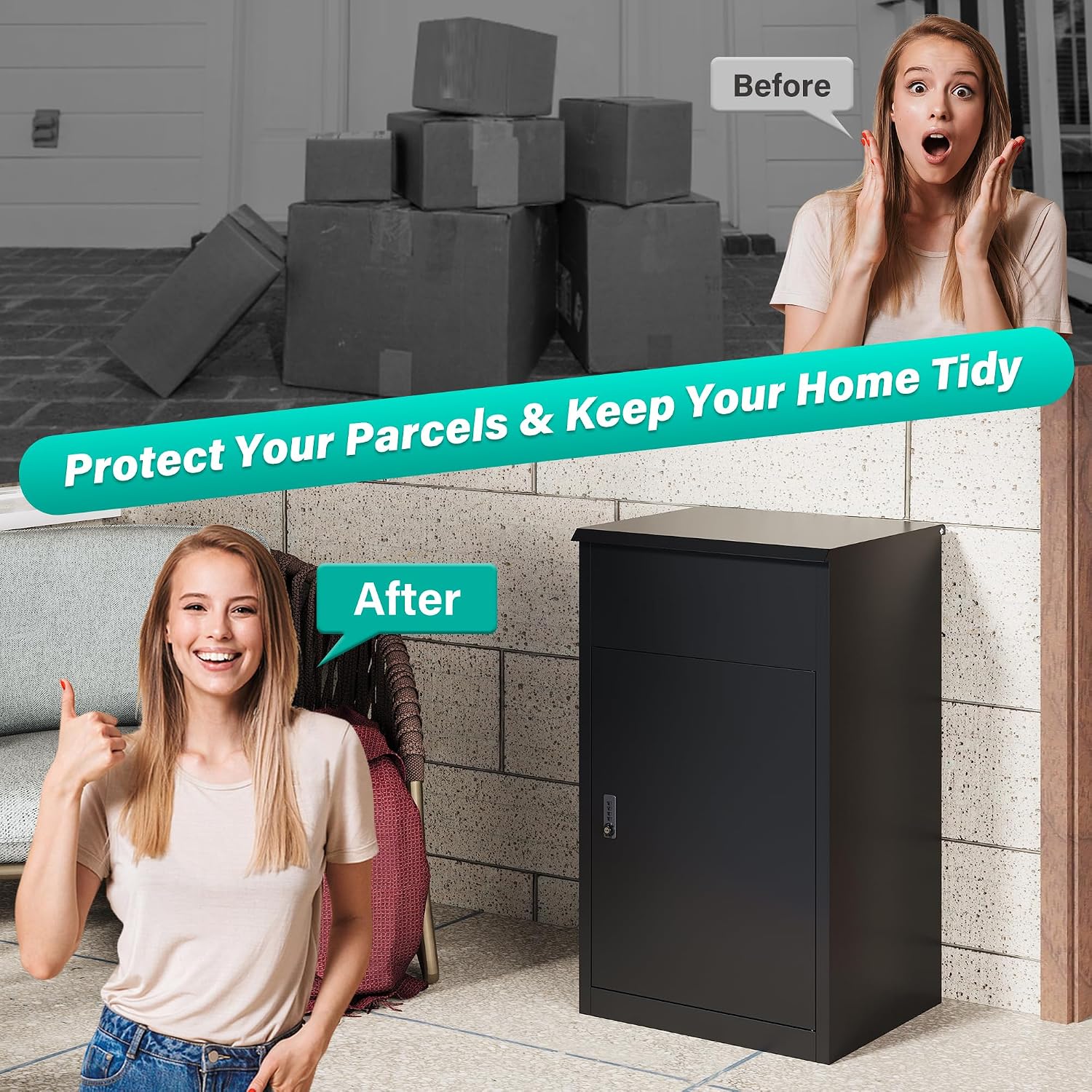 SISESOL Large Package Delivery Box for Outside with Combination Lock,Parcel Drop Boxes with Secure Storage, Anti-Theft Steel Parcel Box, Package Drop Box for Porch, Fence, Curbside (33.5' H)