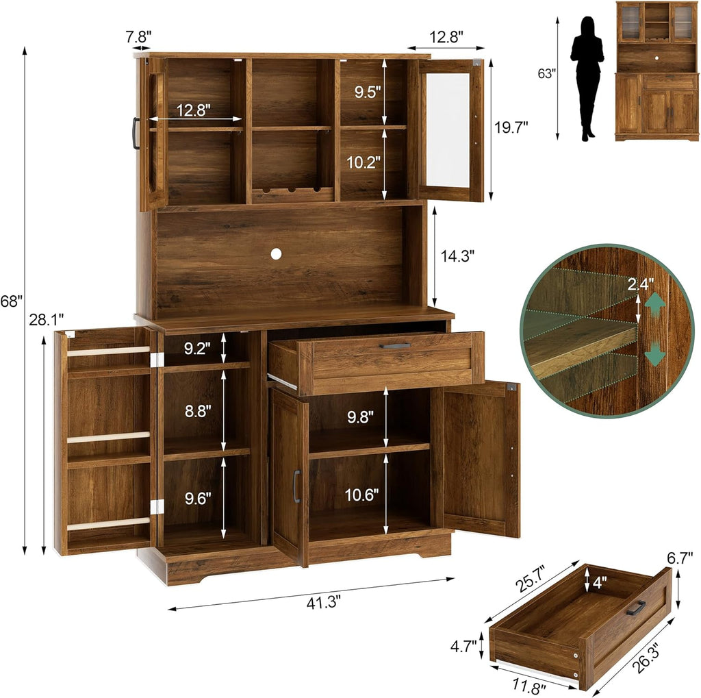 Shintenchi Kitchen Pantry Storage Cabinet, Freestanding Buffet Cabinet with Microwave Stand & 4 Door Shelves, Kitchen Hutch with Doors, Adjustable Shelves and Wine Rack, Brown