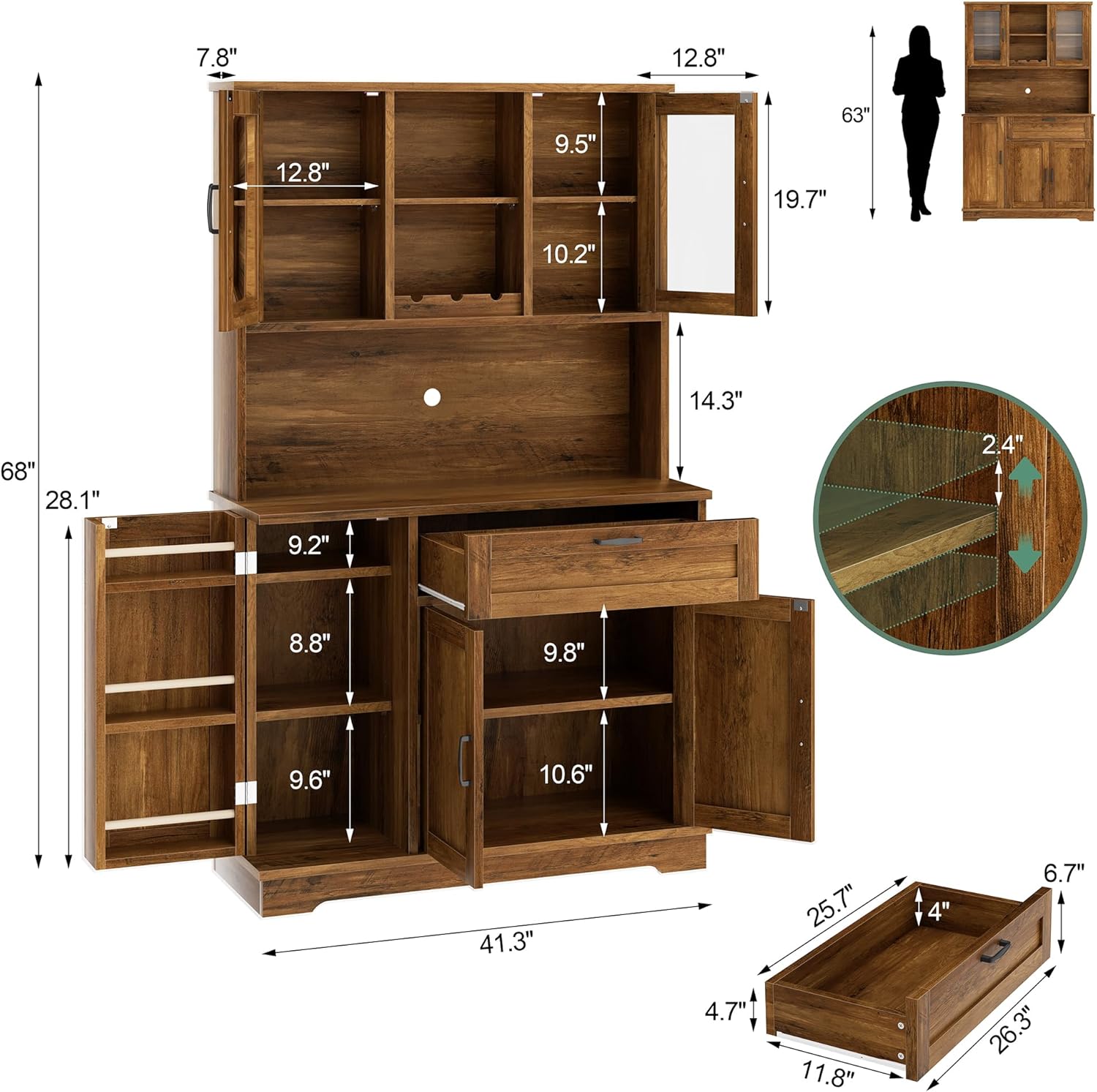 Shintenchi Kitchen Pantry Storage Cabinet, Freestanding Buffet Cabinet with Microwave Stand & 4 Door Shelves, Kitchen Hutch with Doors, Adjustable Shelves and Wine Rack, Brown