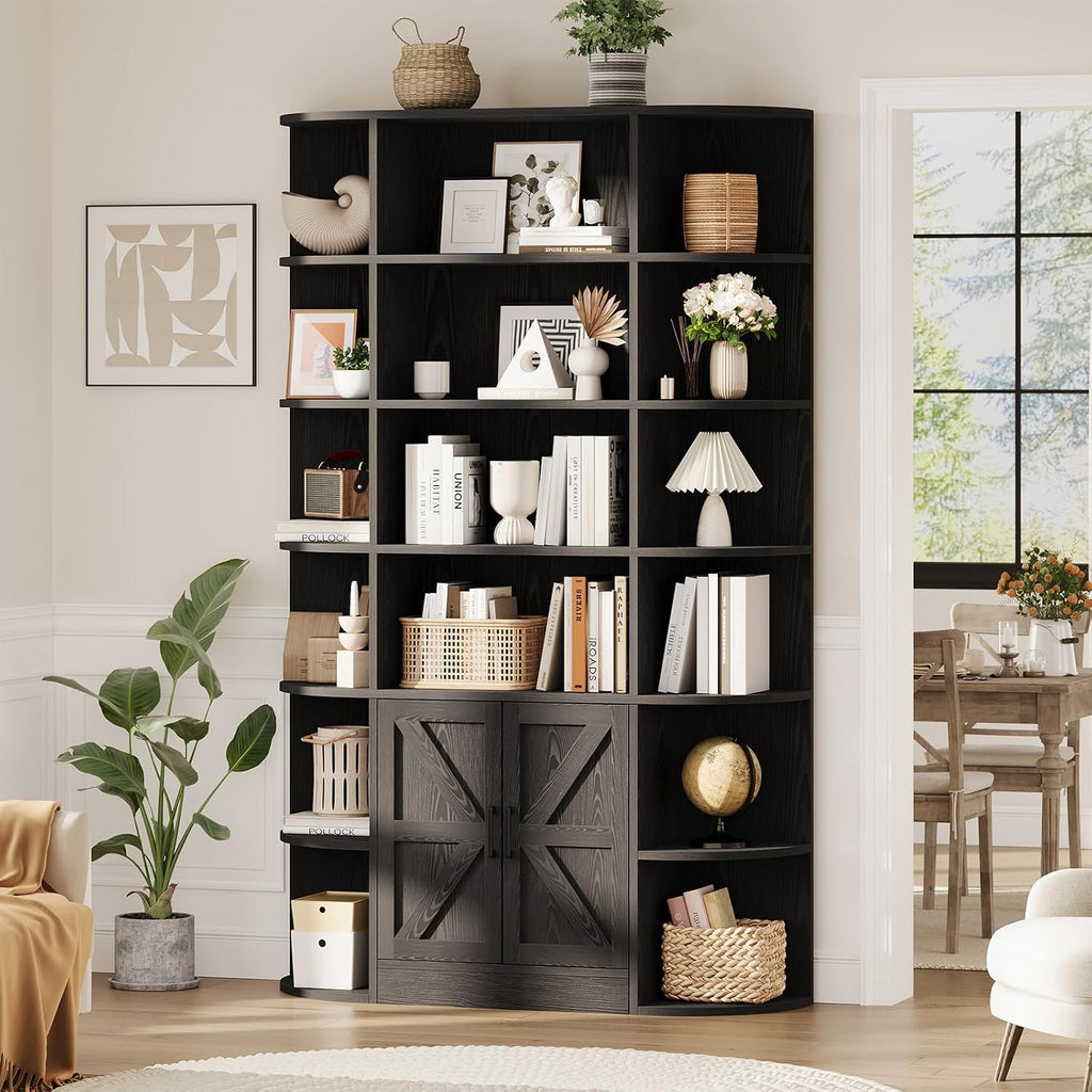 Garvee 75in Tall Bookcase with Storage Cabinet, 6-Tier Wide Floor Bookshelf with Doors, Modern Wooden Standing Display Shelf Organizer for Home Office Living Room Bedroom, Black