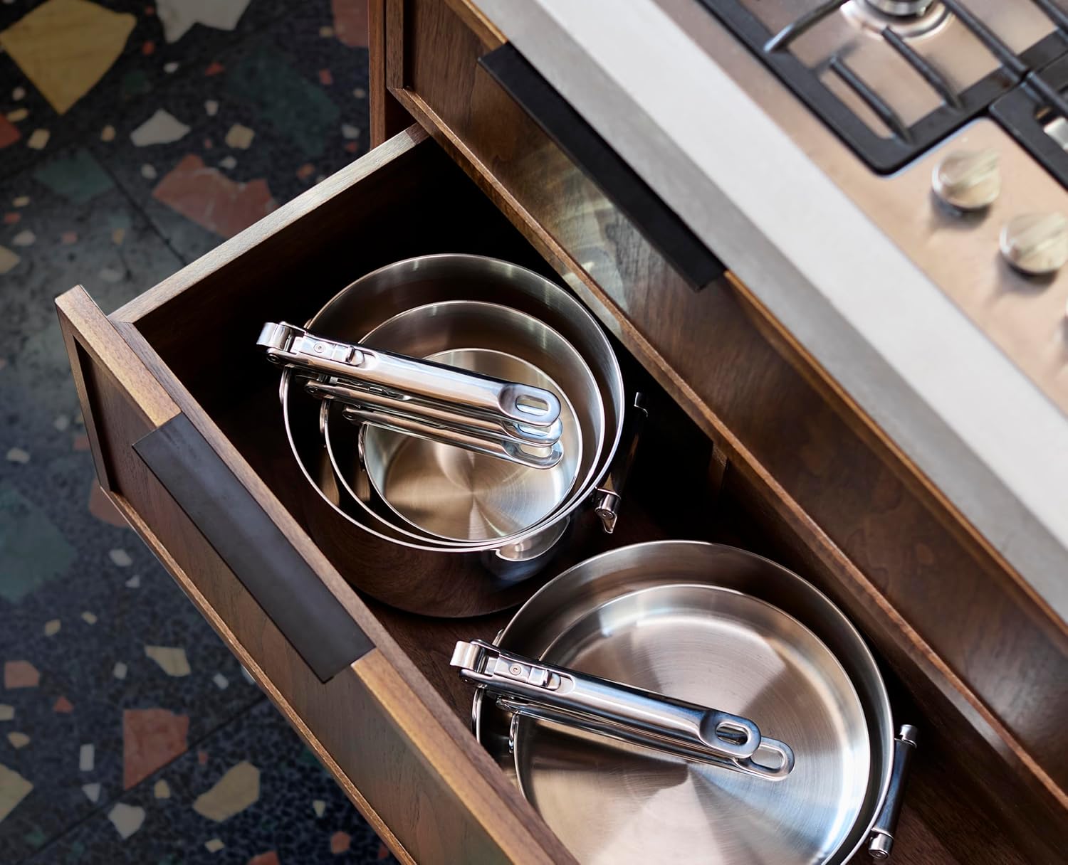 Joseph Joseph Space Steel 3.5qt Stainless Steel Saute Pan with Lid & Folding Handle, Induction & Oven Safe