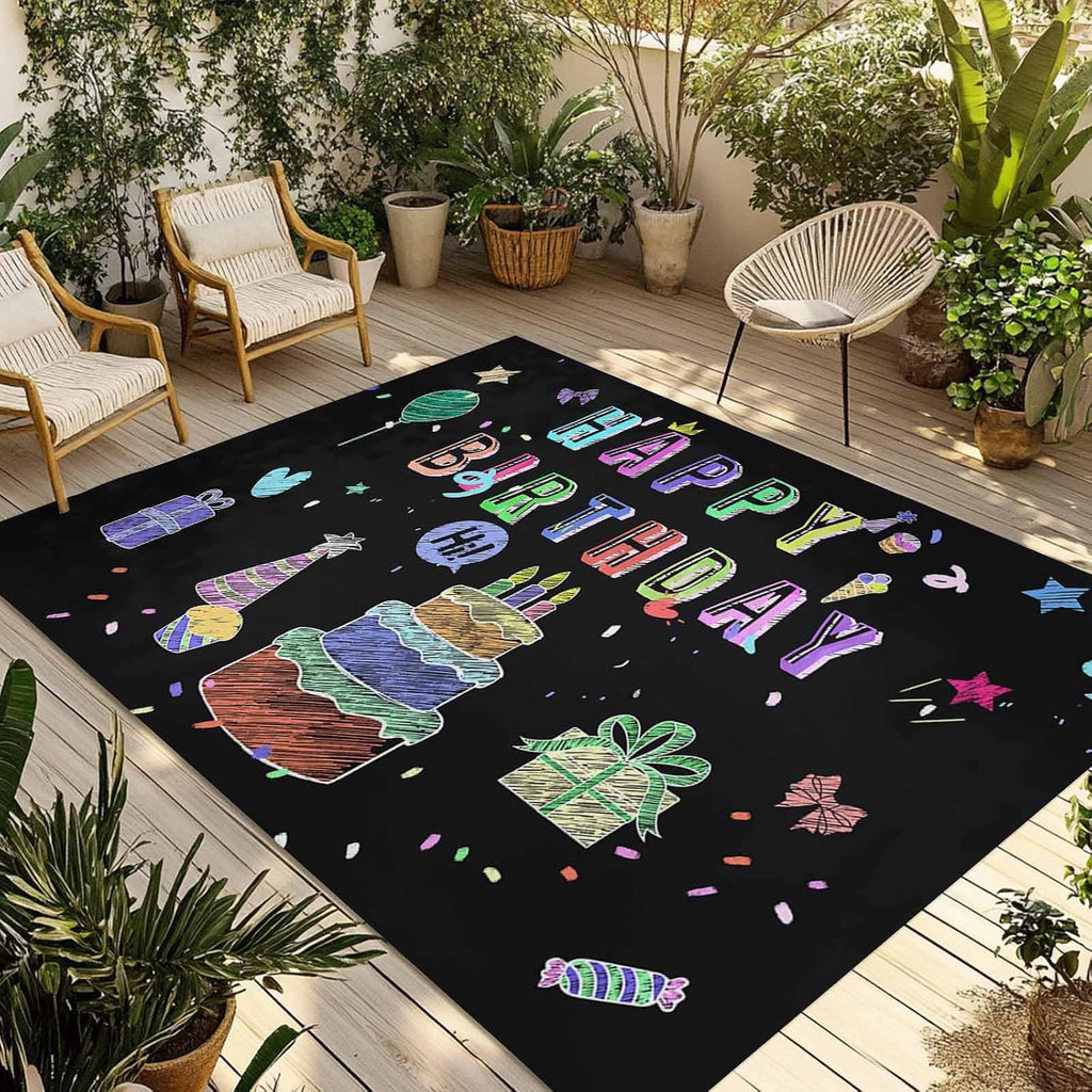 Outdoor Rug 4x6ft Happy Birthday Colorful Line Cake Present Box Patio Area Rugs Waterproof Easy Cleaning Non Shedding Thick Mats Black Carpet for Indoor Outdoor Porch Deck Backyard Balcony