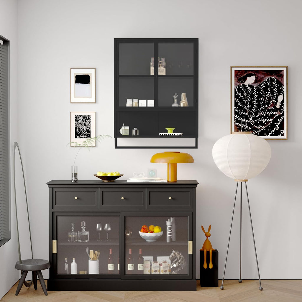 Retro Style Haze Double Glass Door Wall Cabinet with Detachable Shelves for Office, Dining Room,Living Room, Kitchen and Bathroom Mint Black