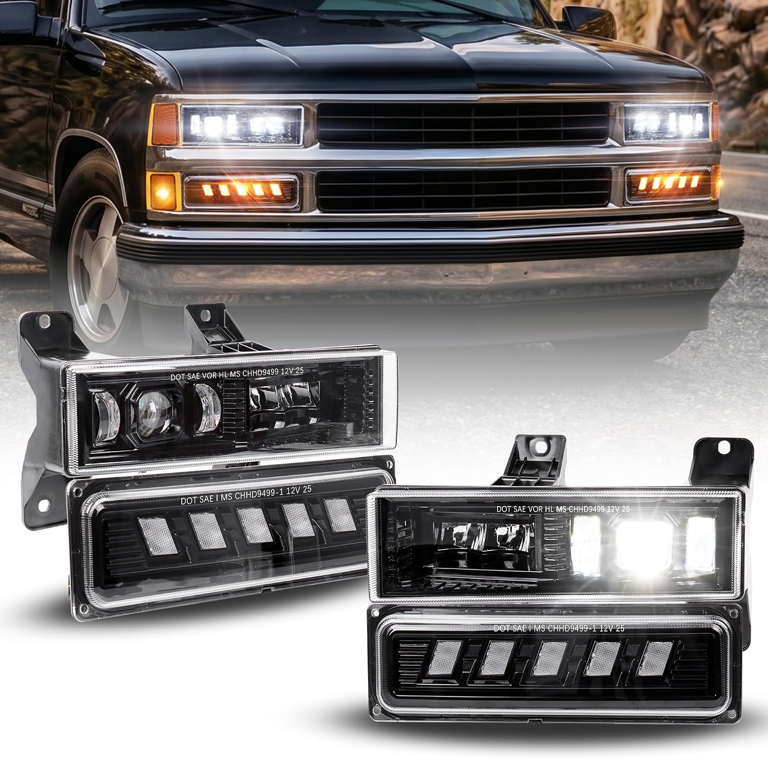 RAMJET4X4 DOT LED Headlight Assembly Hi/Low Beam Turn Signal Fit for 1988-1998 Chevy GMC C/K 1500 2500 3500 Silverado Suburban Tahoe Yukon Sierra OBS Truck