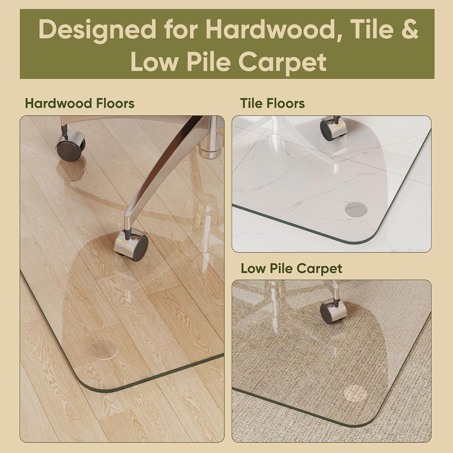 Tempered Glass Chair Mat for Hardwood Floor, 40' x 60' Heavy Duty Glass Office Chair Mat, for Low Pile Carpet, 0.2' Thick with 4 Non-Slip Pads, Smooth Rolling for Home & Office