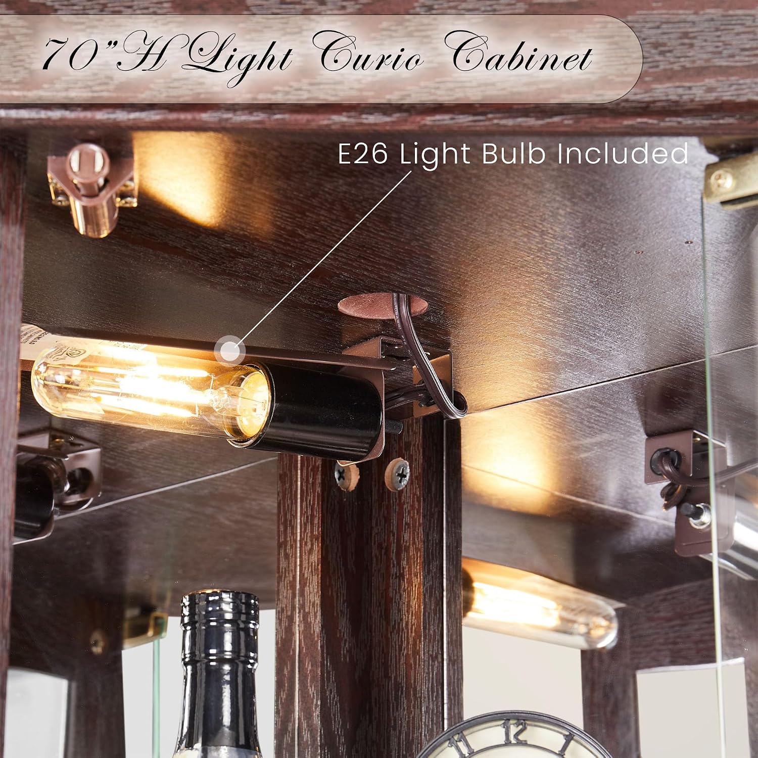 70' Lighted Corner Curio Cabinet, Wood China Display Case with Tempered Glass Doors & Adjustable Shelves, Light Bulb Included, Tall Wine Storage Rack for Bar and Liquor Storage (Dark Cherry)