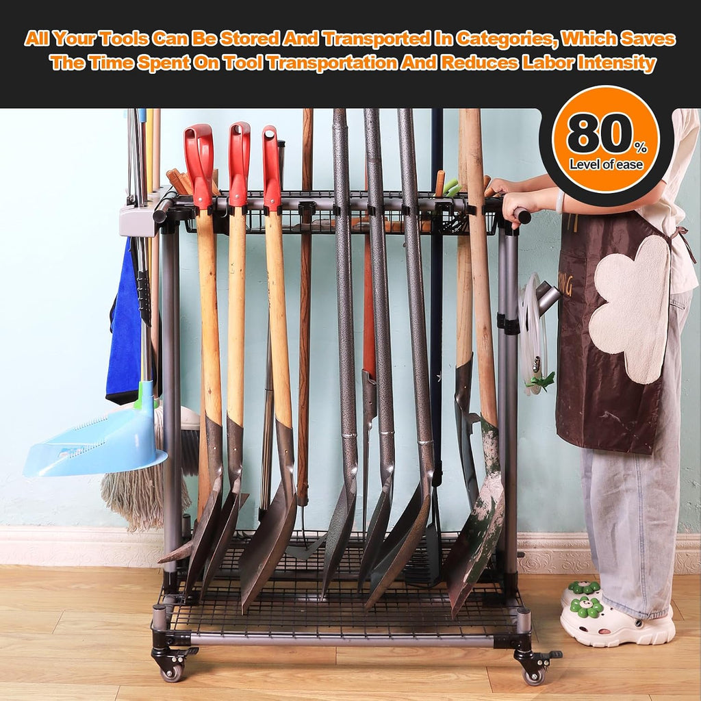 Garden Tool Storage Rack with Wheels Heavy-Duty Organizer for Garage, Yard, and Garden Tools