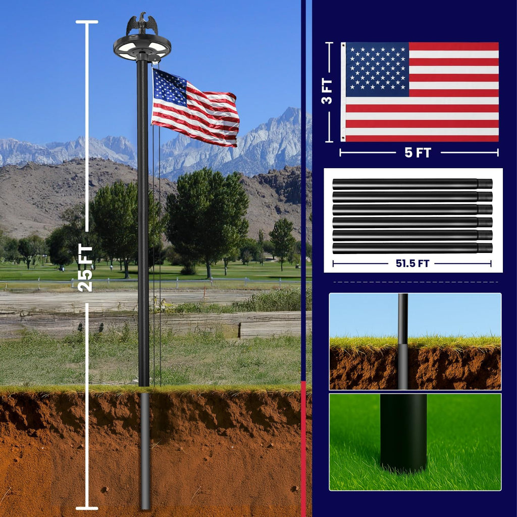 25FT Heavy Duty Flag Pole for Outside House, 100MPH Wind Rated 12 Gauge Extra Thick Aluminum Flagpole Kit, Black Eagle Topper & Solar Light, All-Weather Yard Display with Ground Sleeve, 3x5 USA Flag (Black, 25 FT with Light)