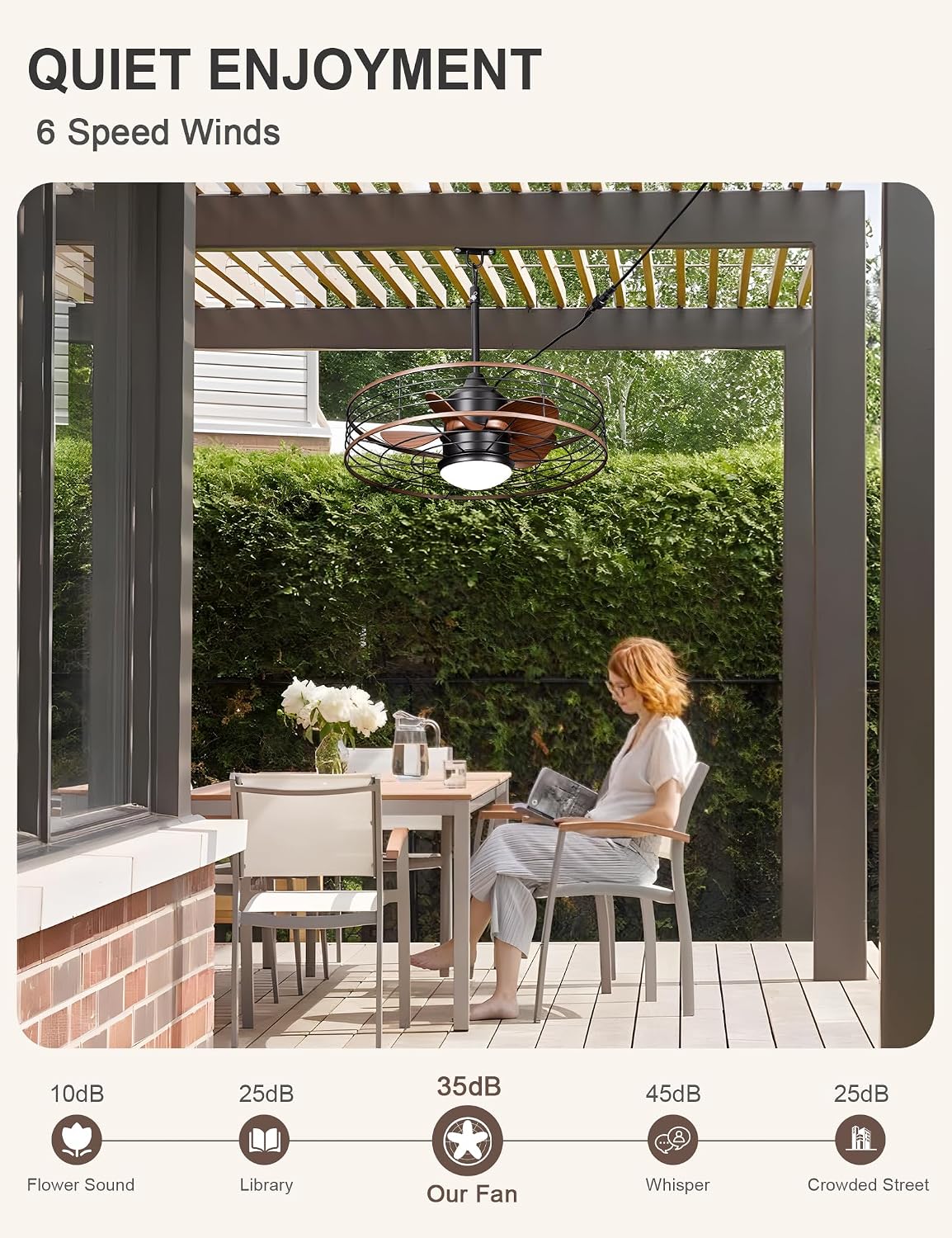 Dawn Whisper 24' Wet Rated Outdoor Ceiling Fans with Light Waterproof Outdoor Fans for Patio Porch Pergola Pavilion Plug in Hanging Gazebo Ceiling Fan with 3CCT 6-Speed DC Motor