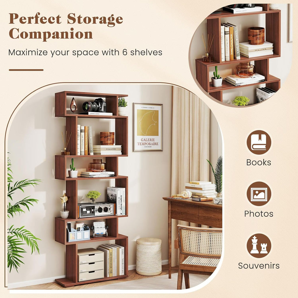 Giantex 6-Tier Geometric Bookshelf Set of 2, S-Shaped Bookcase with 2 Anti-Tipping Kits, Wooden Display Shelf, Decorative Storage Shelving Unit, Home Storage Organizer for Office Living Room, Walnut