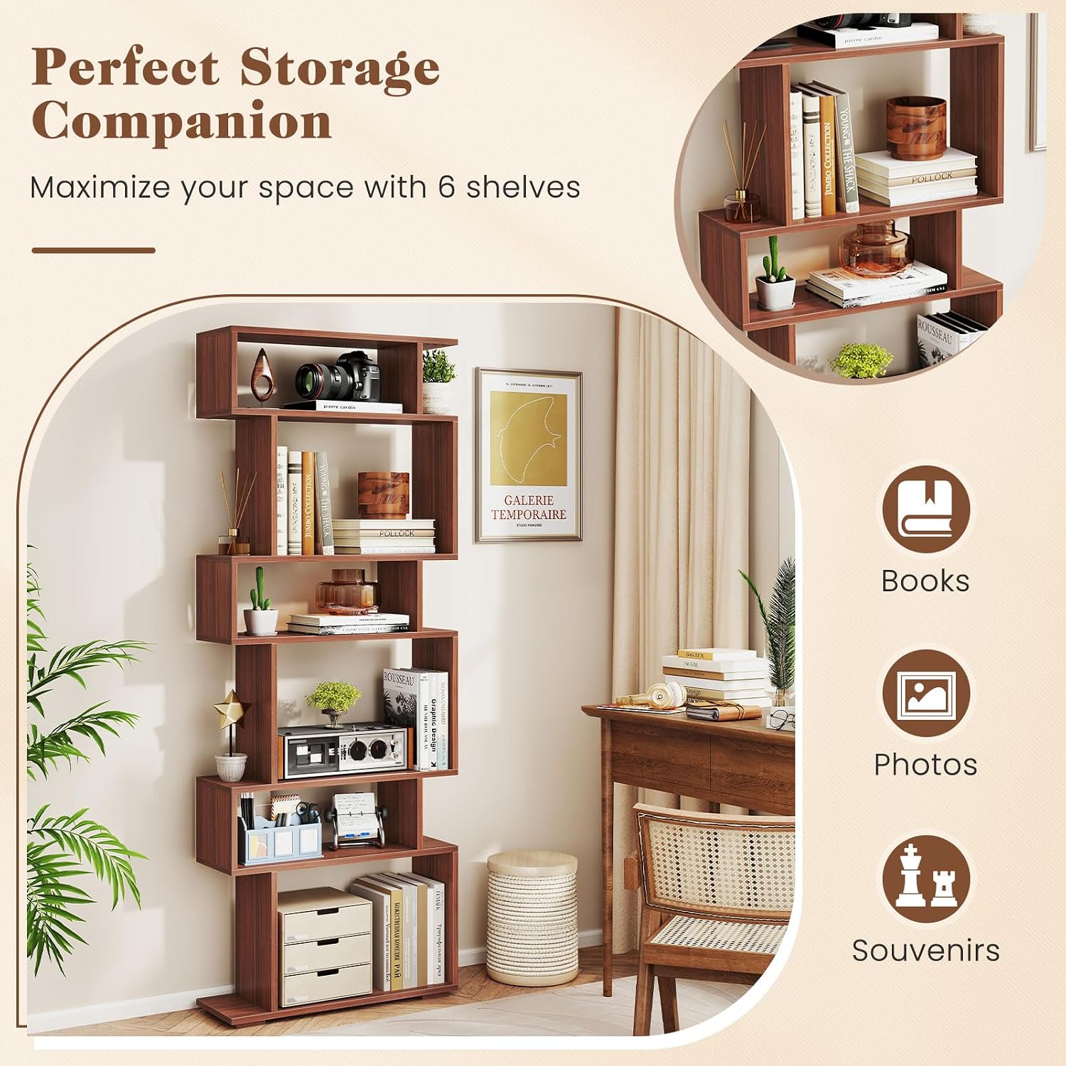 Giantex 6-Tier Geometric Bookshelf Set of 2, S-Shaped Bookcase with 2 Anti-Tipping Kits, Wooden Display Shelf, Decorative Storage Shelving Unit, Home Storage Organizer for Office Living Room, Walnut