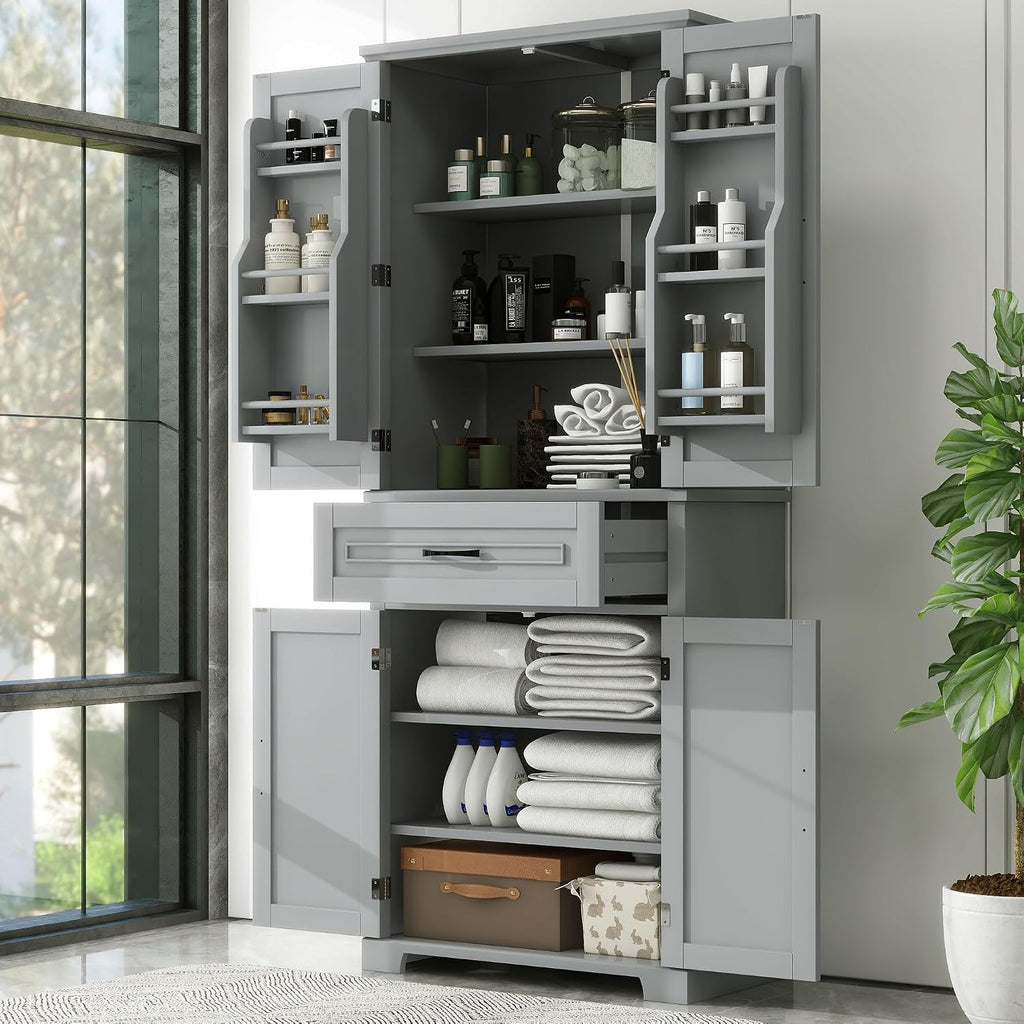 72.2' Storage Cabinet with Doors and Drawers, Tall and Wide Kicthen Pantry Cupboard Home Display Organizer with Door Shelf Rack for Bathroom, Adjustable Shelf, Gray