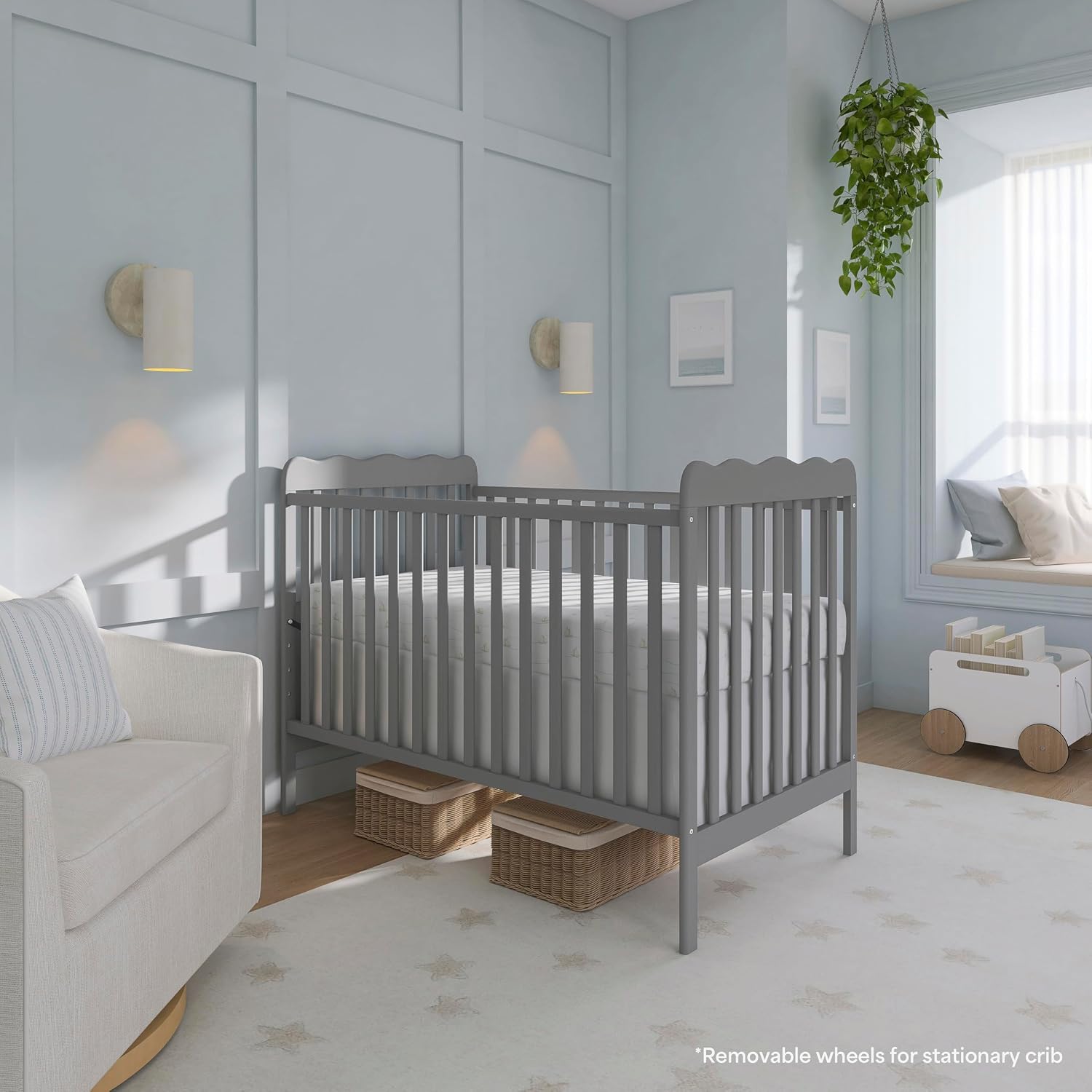 Dream On Me Carson Classic 3-in-1 Convertible Full-Size Baby Crib in Steel Grey, GreenGuard Gold & BSA, 4 Mattress Heights, Converts to Day & Toddler Bed, Locking Wheels, Classic Nursery Design