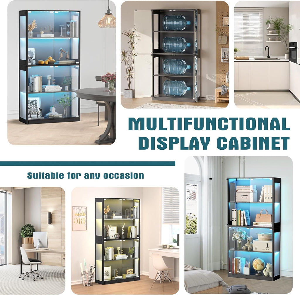 Grepatio Glass Display Cabinet, 4-Tier Display Cases for Collectibles, Curio Cabinet with Smart Color Lights, Display Shelf Bookcase Kids Toy Cabinets for Collectible, Living Room, Playroom (Black)