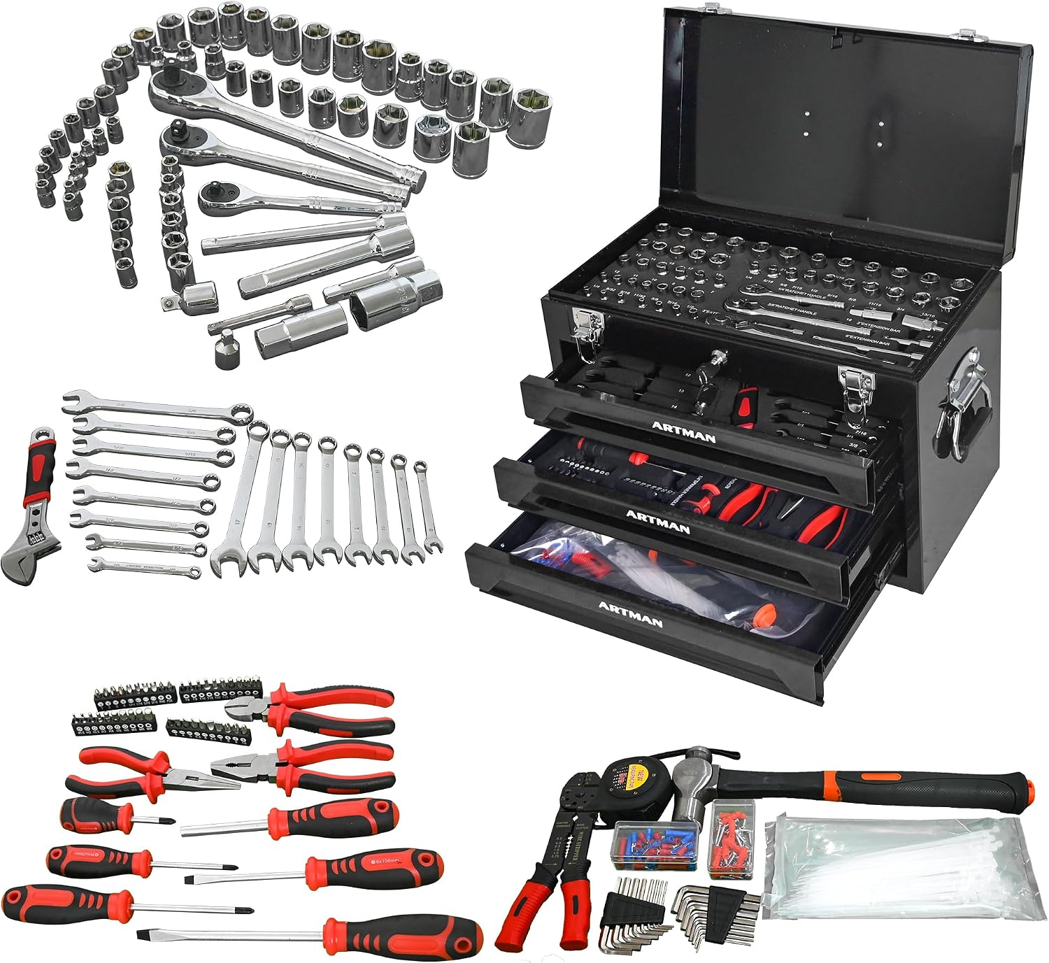 20' Portable Tool Box with Key Lock, 439 Piece Mechanics Tool Set, 3 Drawers & Top Storage Tray Toolbox with Metal Latches & Carrying Handle for Garage, Warehouse, Repair Shop & Home (Black)
