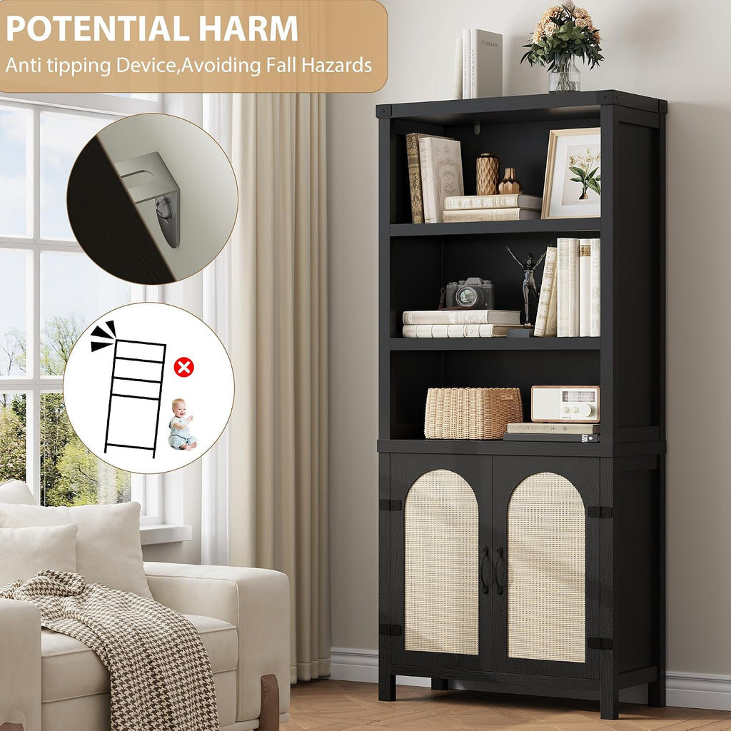 GarveeHome Bookshelf and Bookcase with Doors, 5 Tier Double Wide Large Bookshelves, Open Display Shelves, 70'' Tall Bookshelf with Storage Cabinets for Home Office, Living Room, Library, Black
