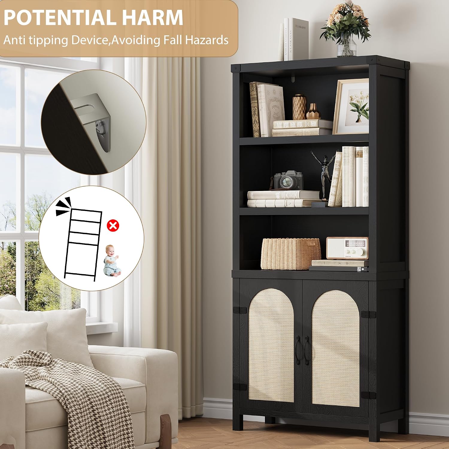 GarveeHome Bookshelf and Bookcase with Doors, 5 Tier Double Wide Large Bookshelves, Open Display Shelves, 70'' Tall Bookshelf with Storage Cabinets for Home Office, Living Room, Library, Black