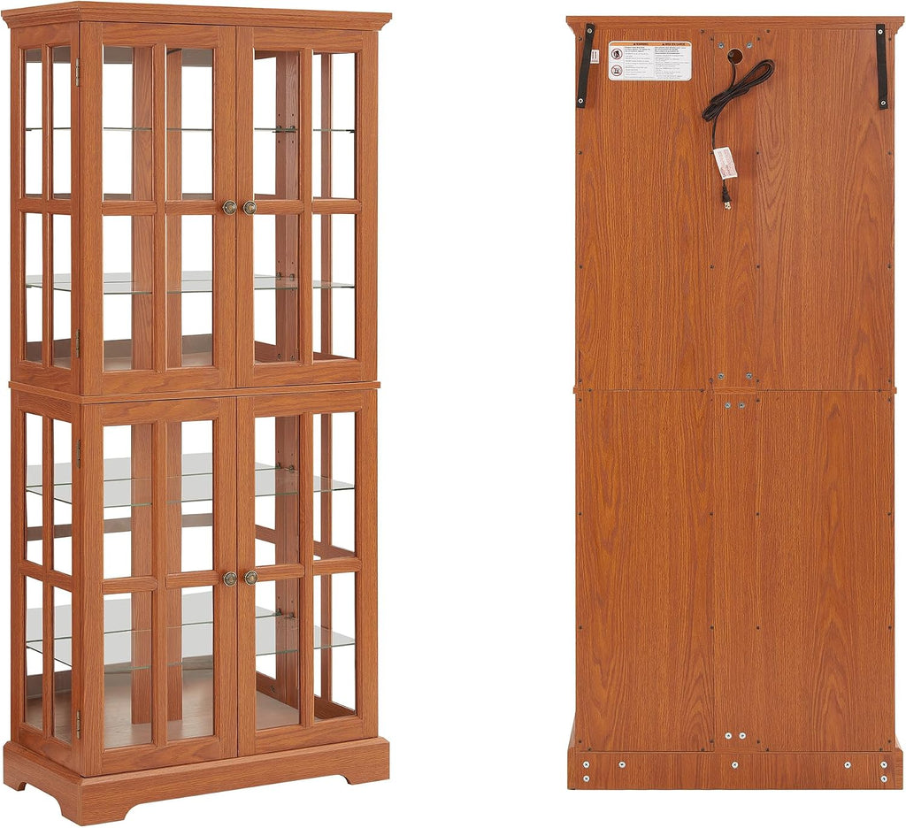 68' H Lighted Curio Display Cabinet Display Case,Wooden Glass Cabinet w/ 4 Adjustable Shelves & Glass Doors, 6 Tier Vintage Accent Storage Case w/Mirrored Back Pane for Home (Dark Oak)
