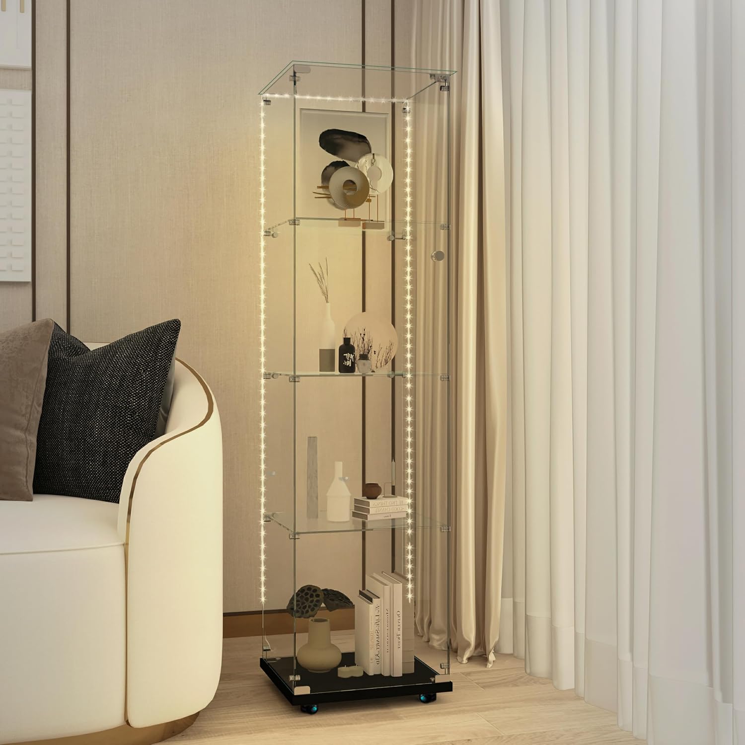 JT Glass Display Cabinet 4 Shelves with Door, Bluetooth LED Light Strip, Easy to Install, Tempered Glass Top, Floor Standing Curio Bookshelf for Living Room Bedroom Office (Black with LED)
