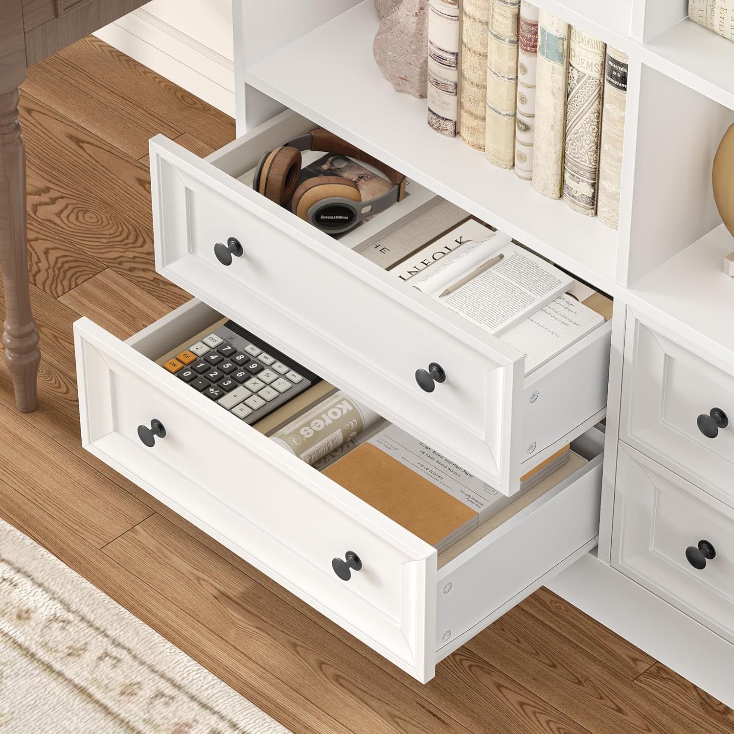 FINETONES 71' Tall Bookshelf with 4 Drawers, 6-Tier Double Wide Bookshelves and Bookcases with Storage, White Bookshelf Large Open Bookshelves Standing Book Cabinet for Home Office, White