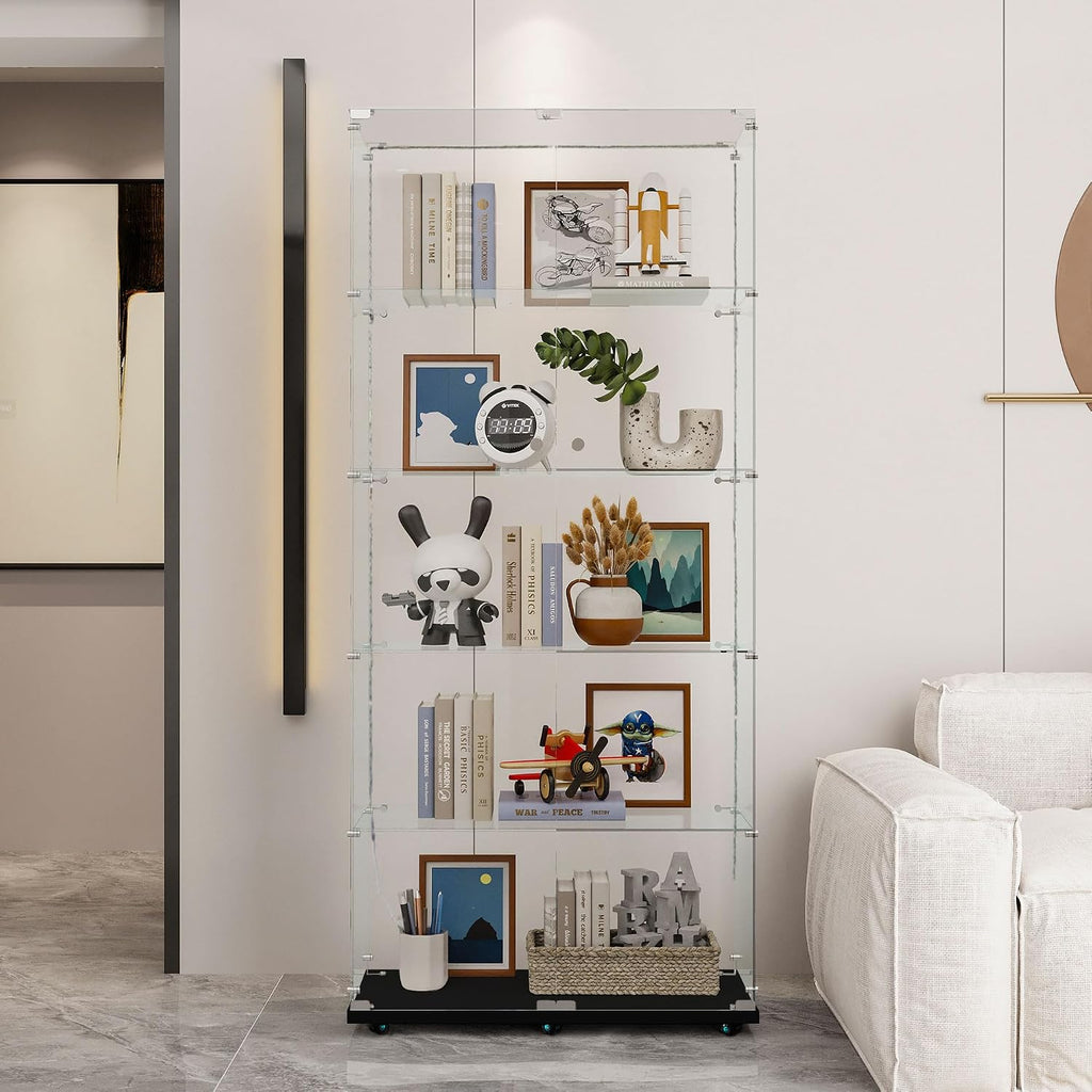 Modern Glass Display Cabinet 5-Shelf with LED Light, Lock and Wheels, 2 Door Curio Cabinets, Tempered Glass Collection Display Showcase for Living Room Home Office,Black