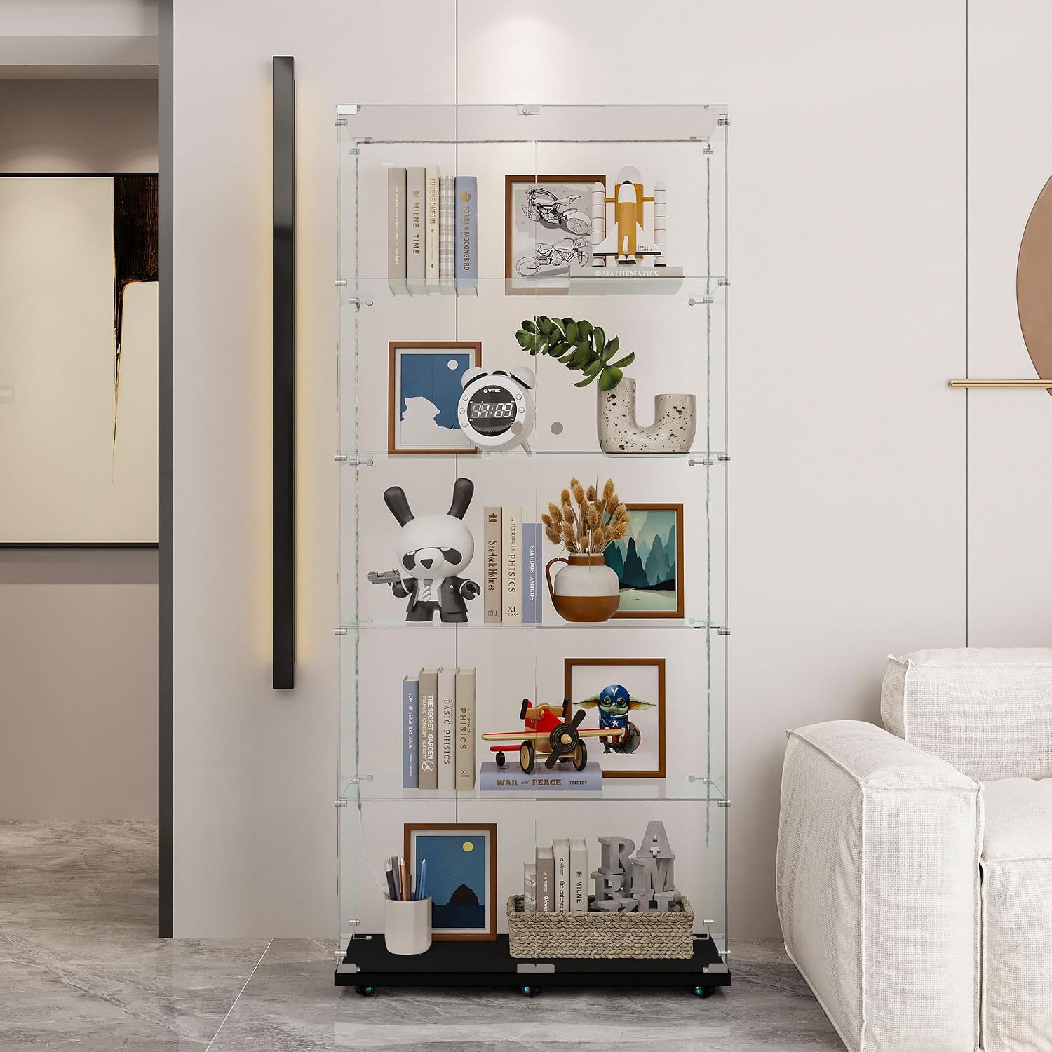 Modern Glass Display Cabinet 5-Shelf with LED Light, Lock and Wheels, 2 Door Curio Cabinets, Tempered Glass Collection Display Showcase for Living Room Home Office,Black