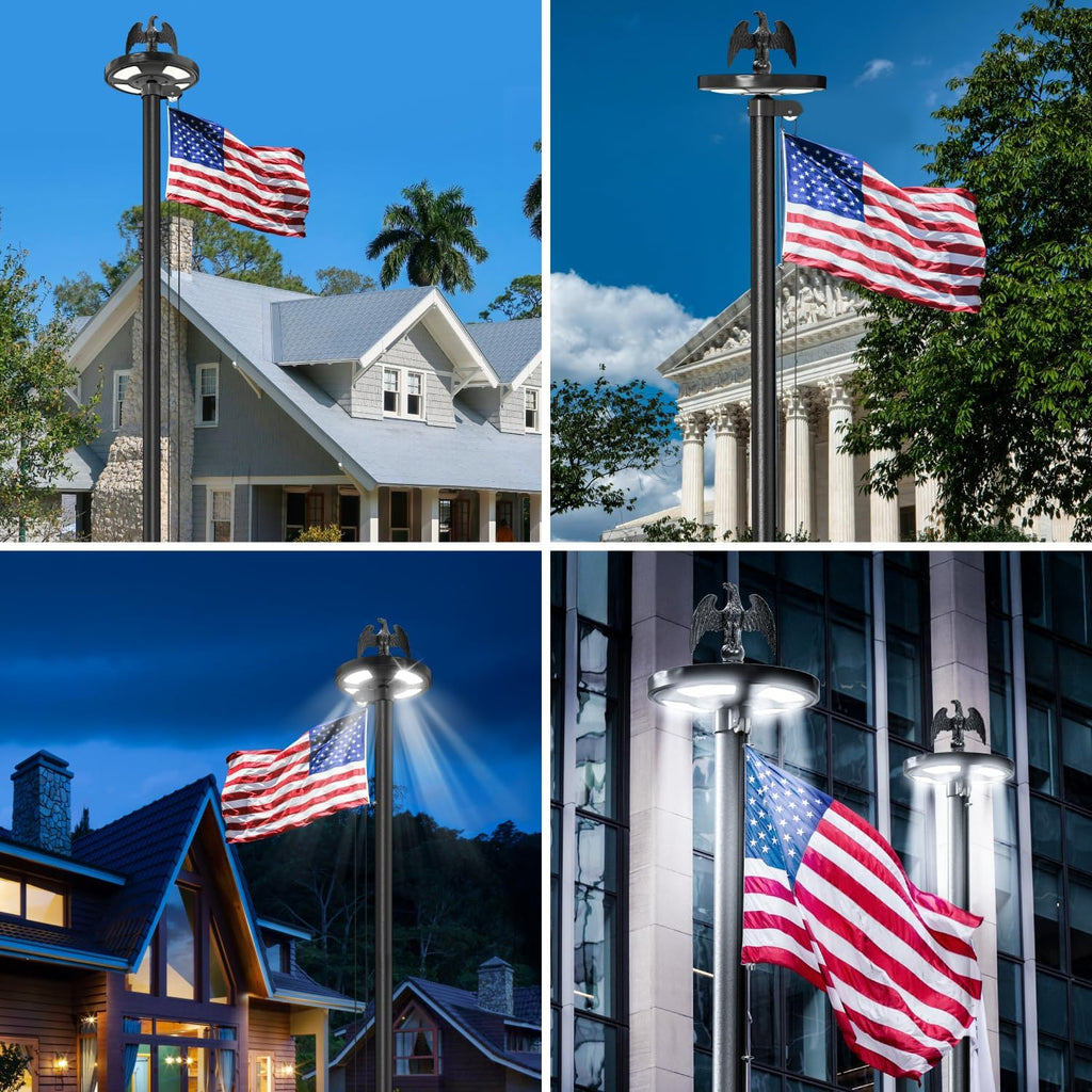 25FT Heavy Duty Flag Pole for Outside House, 100MPH Wind Rated 12 Gauge Extra Thick Aluminum Flagpole Kit, Black Eagle Topper & Solar Light, All-Weather Yard Display with Ground Sleeve, 3x5 USA Flag (Black, 25 FT with Light)