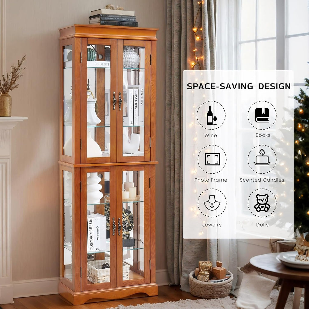 71' Lighted Curio Cabinet with 6 Adjustable Shelves, Vintage Glass Display Case, Tempered Glass Doors, Tall Wine Bar Cabinet for Living Room Liquor Storage, Bulb Included
