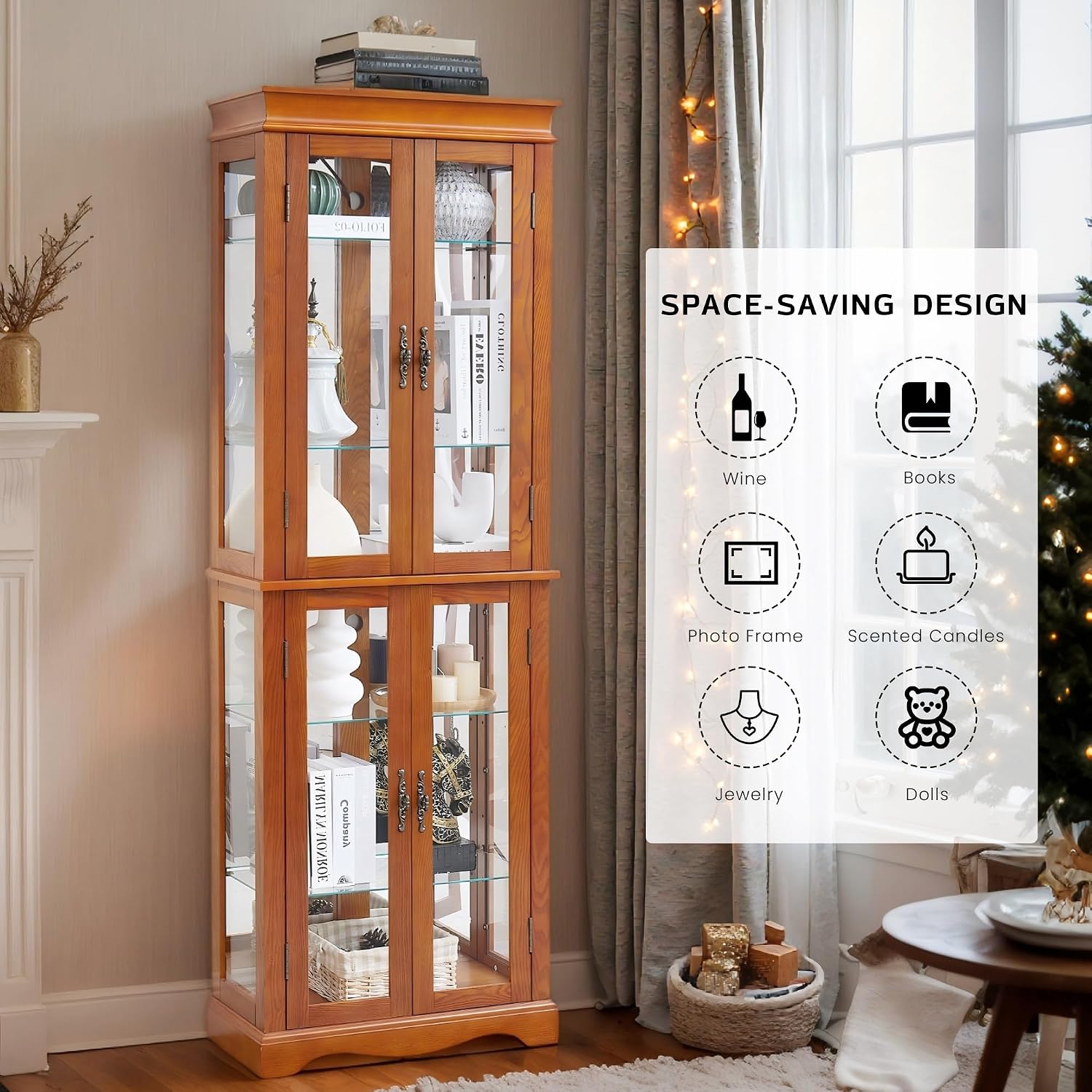 71' Lighted Curio Cabinet with 6 Adjustable Shelves, Vintage Glass Display Case, Tempered Glass Doors, Tall Wine Bar Cabinet for Living Room Liquor Storage, Bulb Included