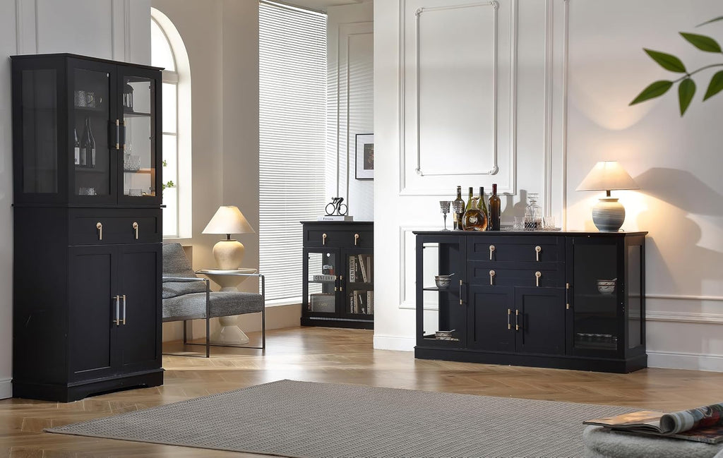 FOREST GRAVITY 58.27'' Buffet Cabinet with 2 Drawers,LED and Adjustable Shelves,Large Glass Door Coffee Bar Cabinet with Storage,Modern Farmhouse Sideboard Credenza for Kitchen,Black