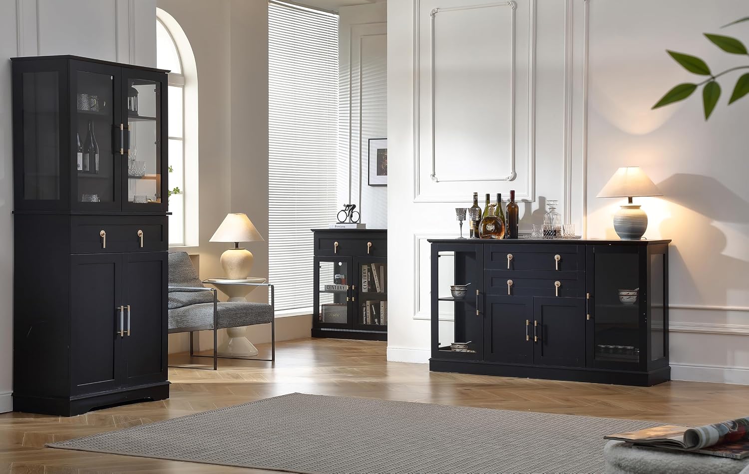FOREST GRAVITY 58.27'' Buffet Cabinet with 2 Drawers,LED and Adjustable Shelves,Large Glass Door Coffee Bar Cabinet with Storage,Modern Farmhouse Sideboard Credenza for Kitchen,Black