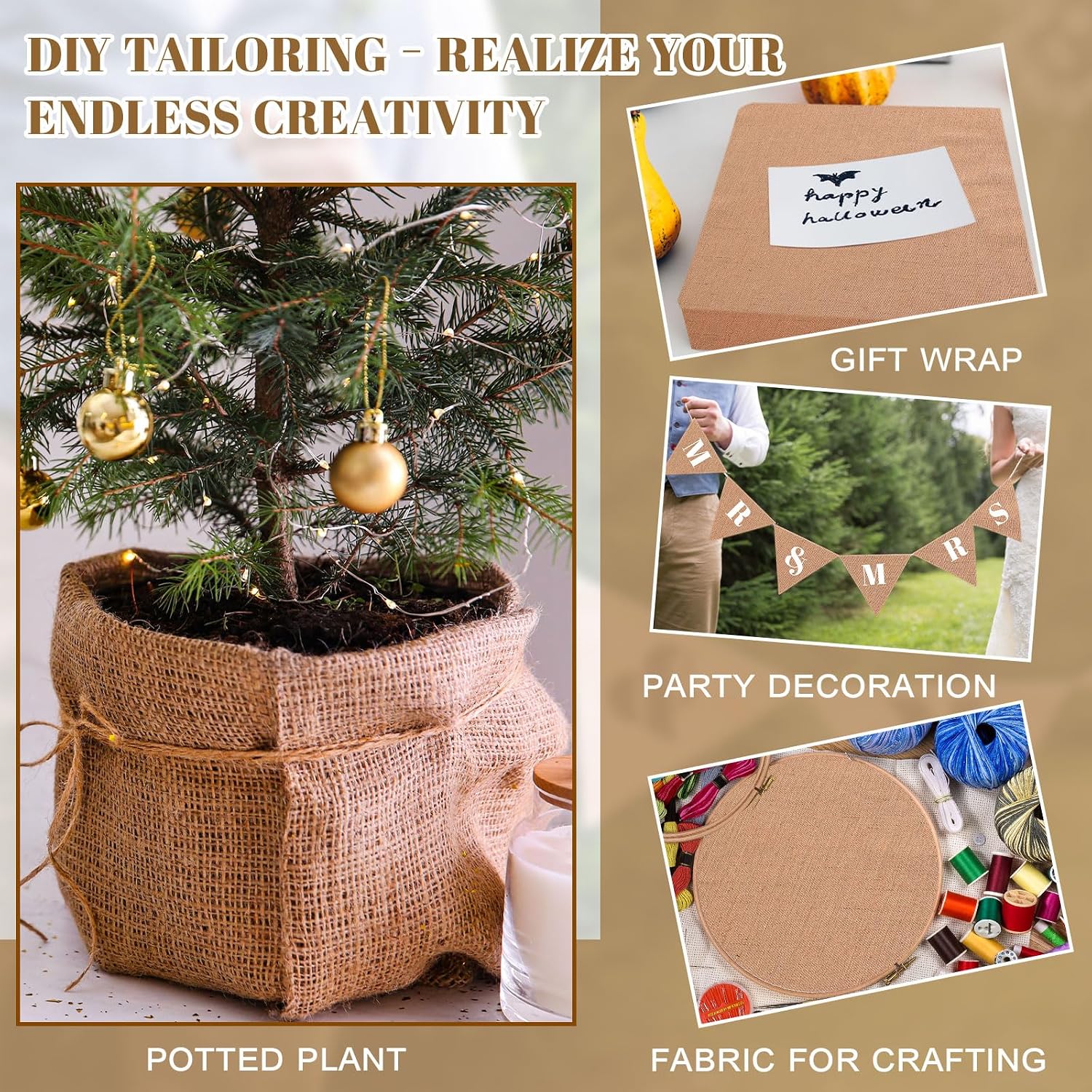 Buryeah Burlap Fabric Roll 40 x 150 ft Gardening High 50 Density Burlap Tablecloth Gift Bags Winter Tree Wrap Runner Wedding Banner Weed Barrier Carpets Plants Natural Jute for DIY Raised Bed Liner