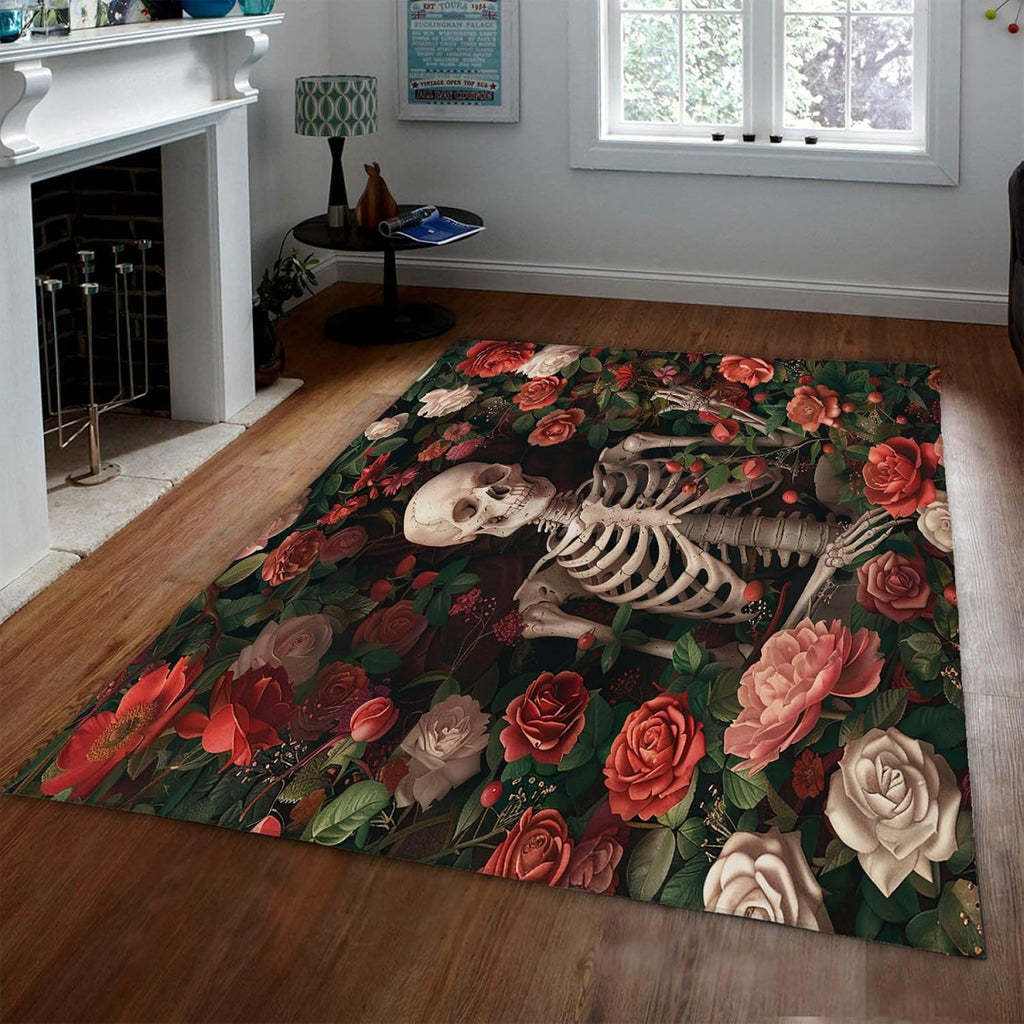 Skull and Flowers Area Rug 5'x8' - Rose Garden Doormat for Living Room Modern Floral Easy 5'x8' -Cleaning Carpet for Sofa Coffee Tables
