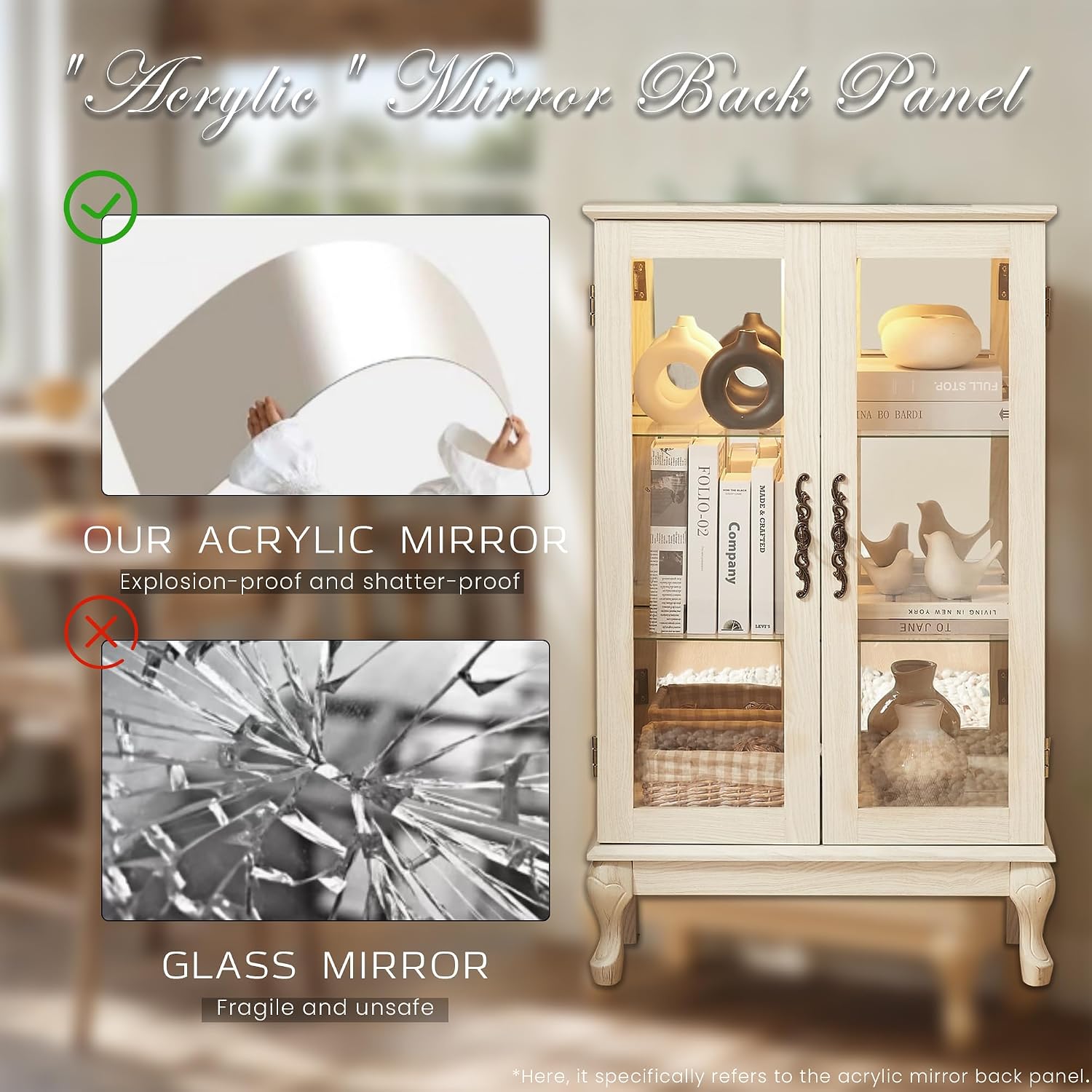 44' Small Lighted Glass Accent Curio Cabinet, Vintage China Cage with 2 Tempered Glass Doors & Adjustable Shelves, Acrylic Pane, Elegant Wine Artwork Showcase Rack for Living Room (Antique White)