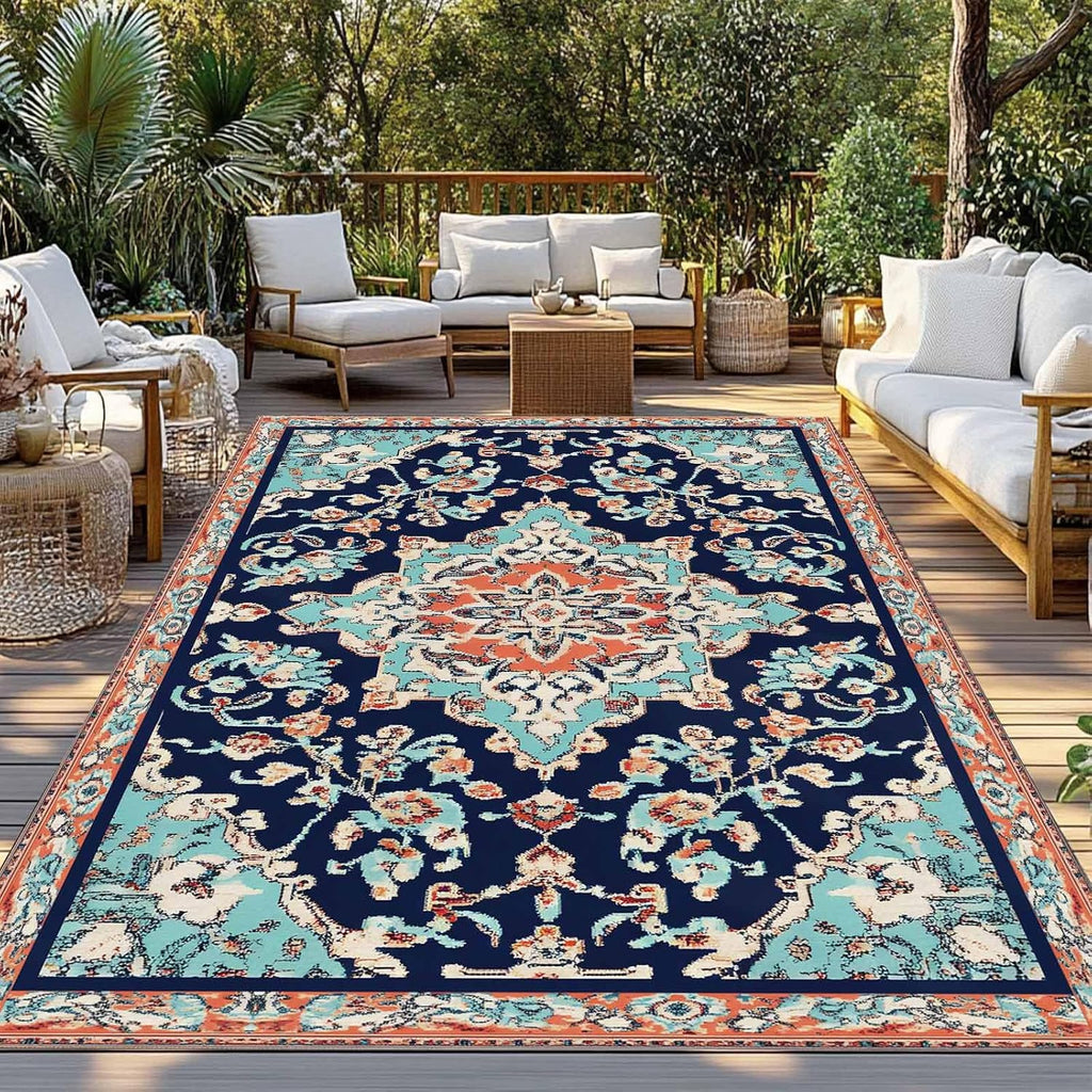 Outdoor Rug 4x6ft Abstract Retro Boho Aesthetic Flower Patio Area Rugs Waterproof Easy Cleaning Non Shedding Thick Mats Mid Century Carpet for Indoor Outdoor Porch Deck Backyard Balcony