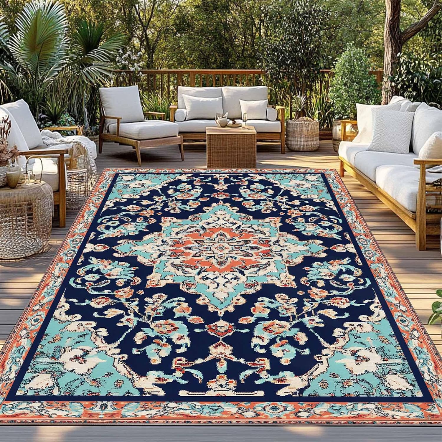 Outdoor Rug 4x6ft Abstract Retro Boho Aesthetic Flower Patio Area Rugs Waterproof Easy Cleaning Non Shedding Thick Mats Mid Century Carpet for Indoor Outdoor Porch Deck Backyard Balcony