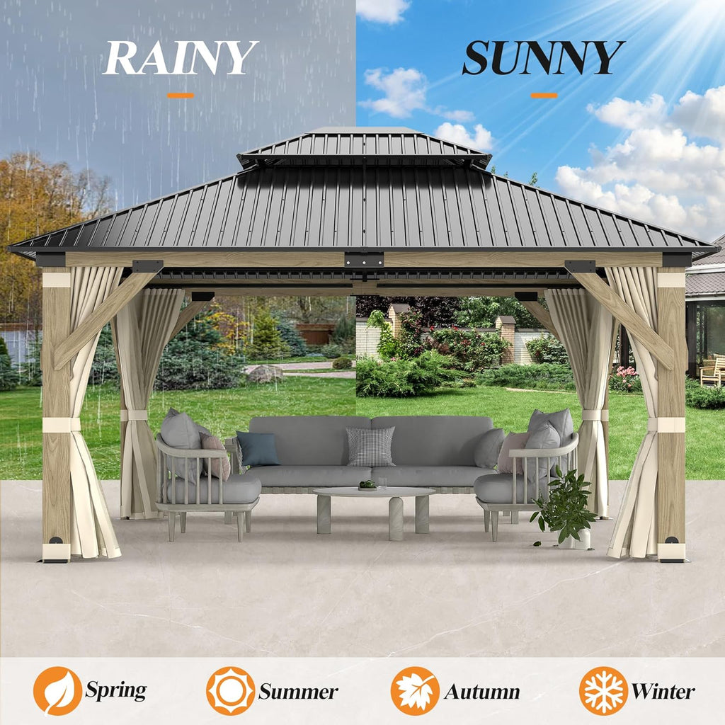 GARTOO 13'x15' Patio Wooden Gazebo, Galvanized Steel Roof Gazebo with Privacy Curtains and Netting, Double Vented Roof Hardtop Gazebos for Garden, Poolside, Porch, Lawn, Backyard Deck