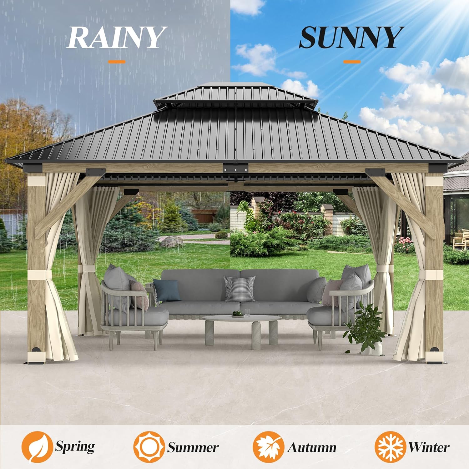 GARTOO 13'x15' Patio Wooden Gazebo, Galvanized Steel Roof Gazebo with Privacy Curtains and Netting, Double Vented Roof Hardtop Gazebos for Garden, Poolside, Porch, Lawn, Backyard Deck