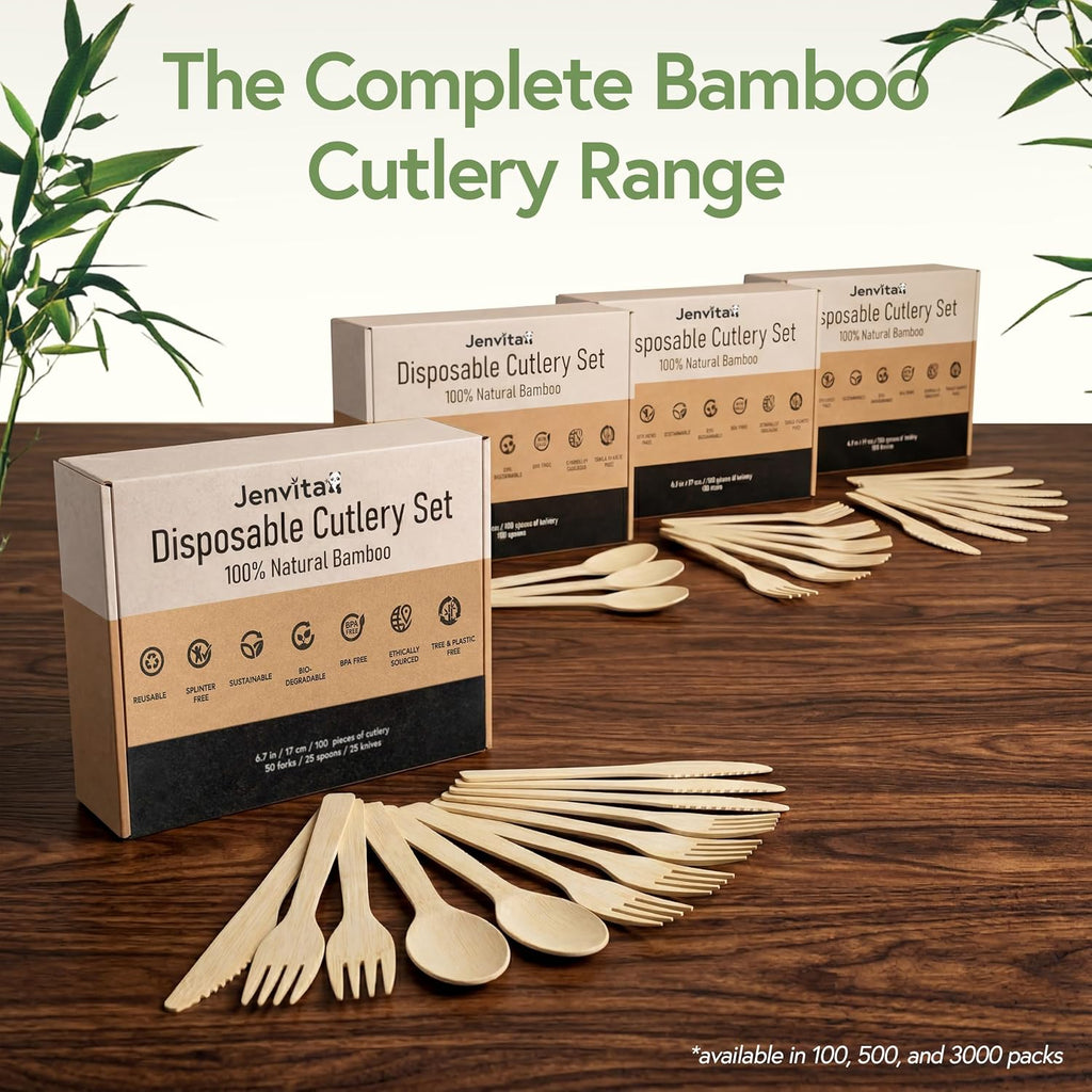 100% Bamboo Cutlery Set - 3000 Utensil Disposable Set (1000 Forks, 1000 Spoons, 1000 Knives) | Reusable or Disposable Utensils for Party | FSC Certified Flatware for Weddings, Camping, Parties