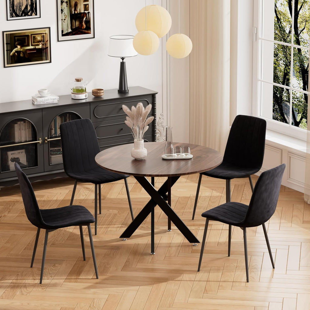 RGZ 36' Round Table Set for 4, 5 PCS Modern Wooden Circle Dining Table for 2-4, Walnut Round Dining Table with Steel Legs & 4 Black Velvet Upholstered Chairs for Dining Room, Living Room, Kitchen