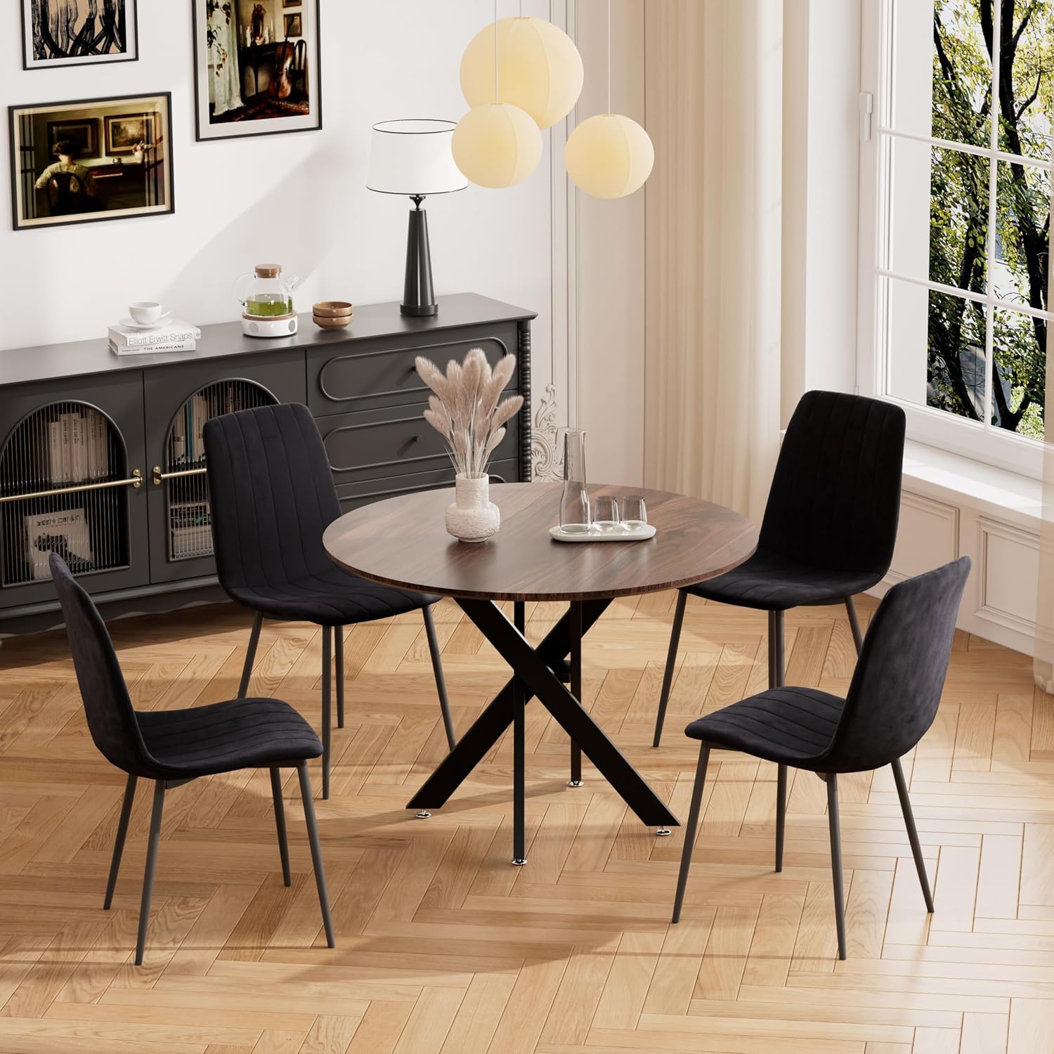 RGZ 36' Round Table Set for 4, 5 PCS Modern Wooden Circle Dining Table for 2-4, Walnut Round Dining Table with Steel Legs & 4 Black Velvet Upholstered Chairs for Dining Room, Living Room, Kitchen