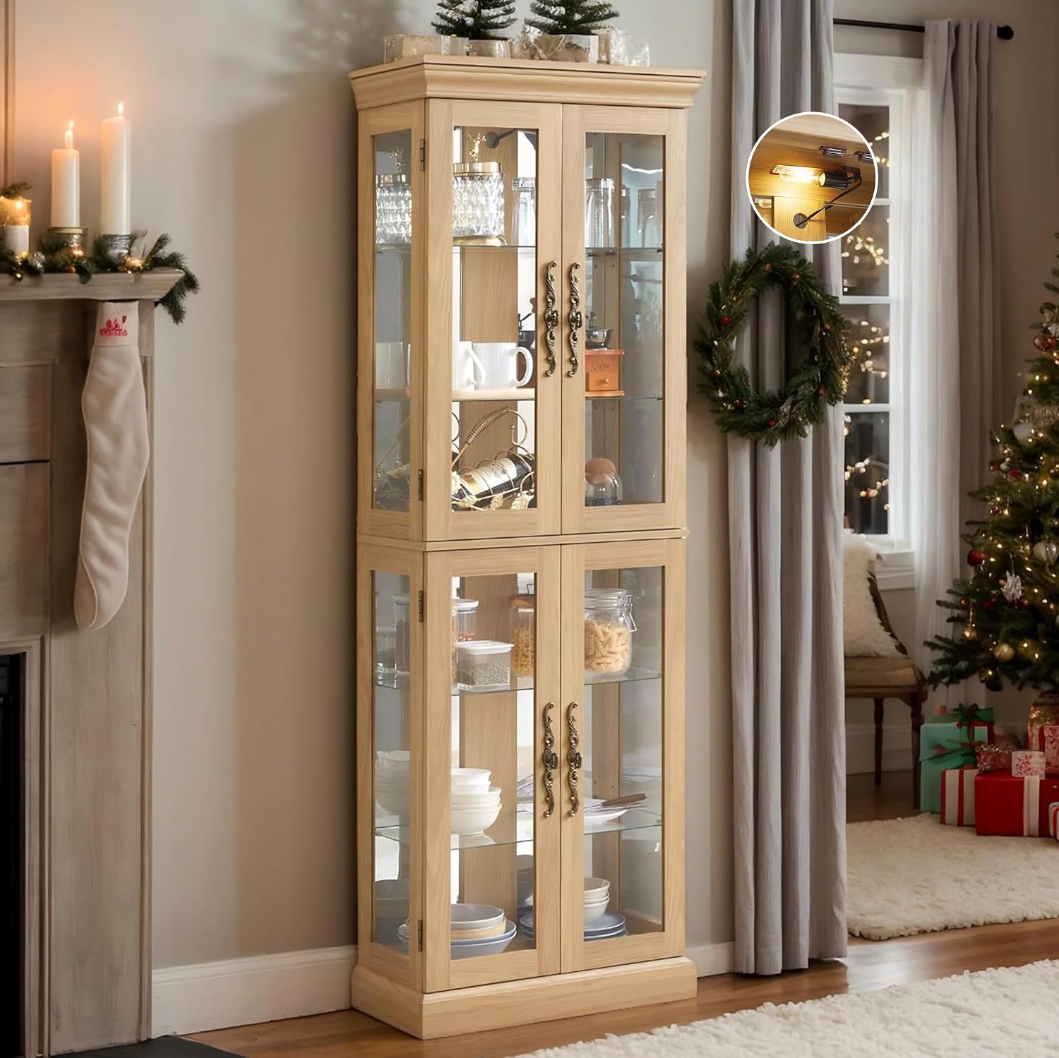 71' Lighted Curio Cabinet with 6 Adjustable Shelves, Vintage Glass Display Case, Tempered Glass Doors, Tall Wine Bar Cabinet for Living Room Liquor Storage, Bulb Included