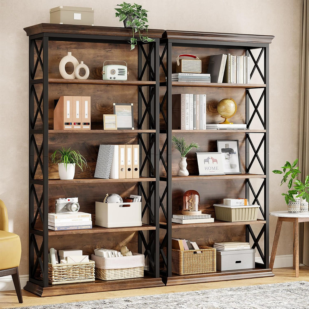 Tribesigns 6-Tier Bookcase Set of 2, 71 Inches Industrial Bookshelves and Bookcases, Floor Standing 5 Shelf Display Storage Shelves Tall Bookcase for Home Office, Living Room, Bed Room