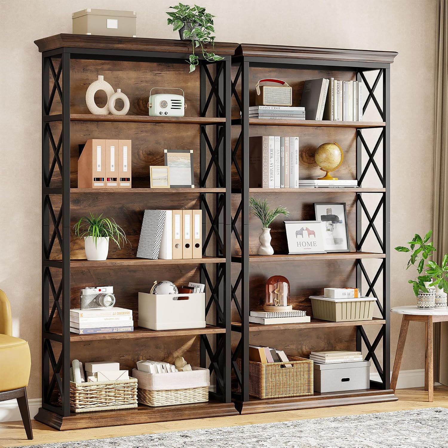 Tribesigns 6-Tier Bookcase Set of 2, 71 Inches Industrial Bookshelves and Bookcases, Floor Standing 5 Shelf Display Storage Shelves Tall Bookcase for Home Office, Living Room, Bed Room