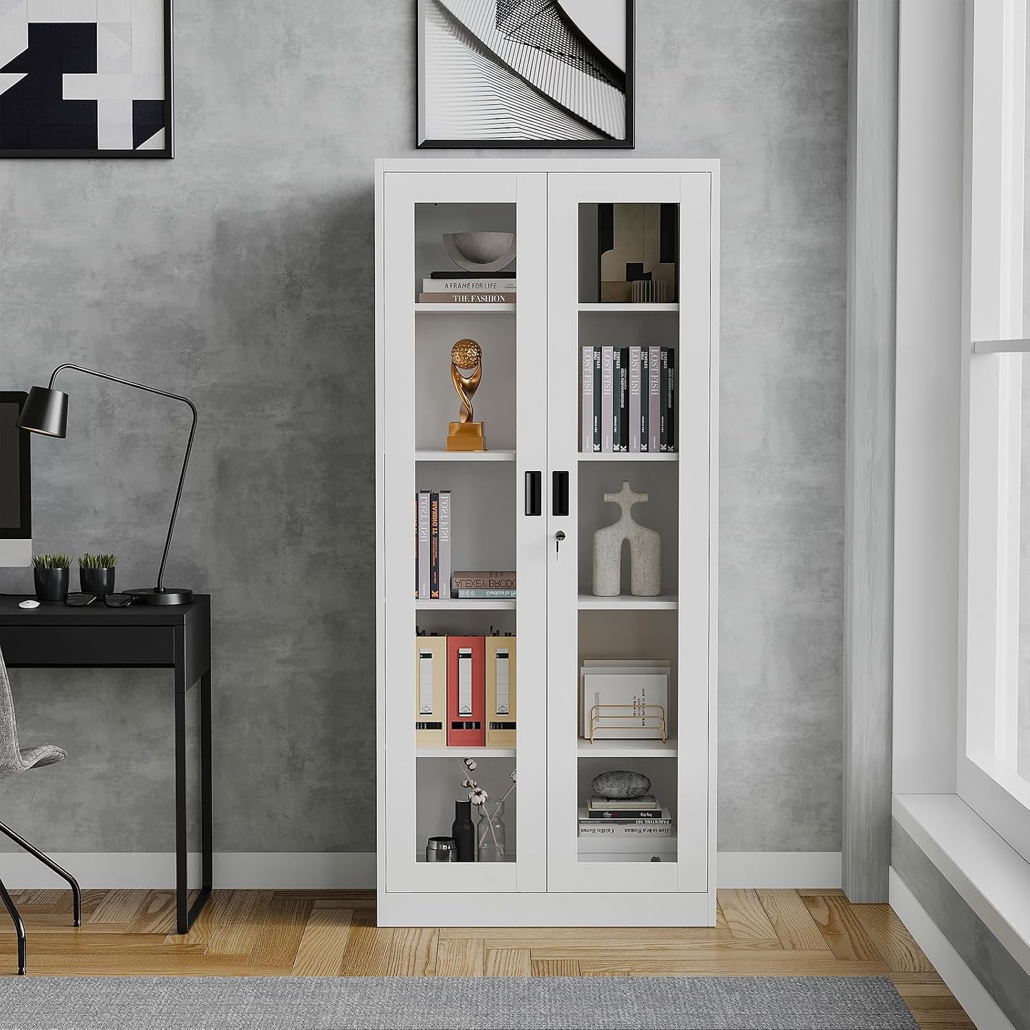 Glass Display Cabinet With Doors, 71' Curio Case for Collectibles, 4 Adjustable Shelves for Home Living Room (White)